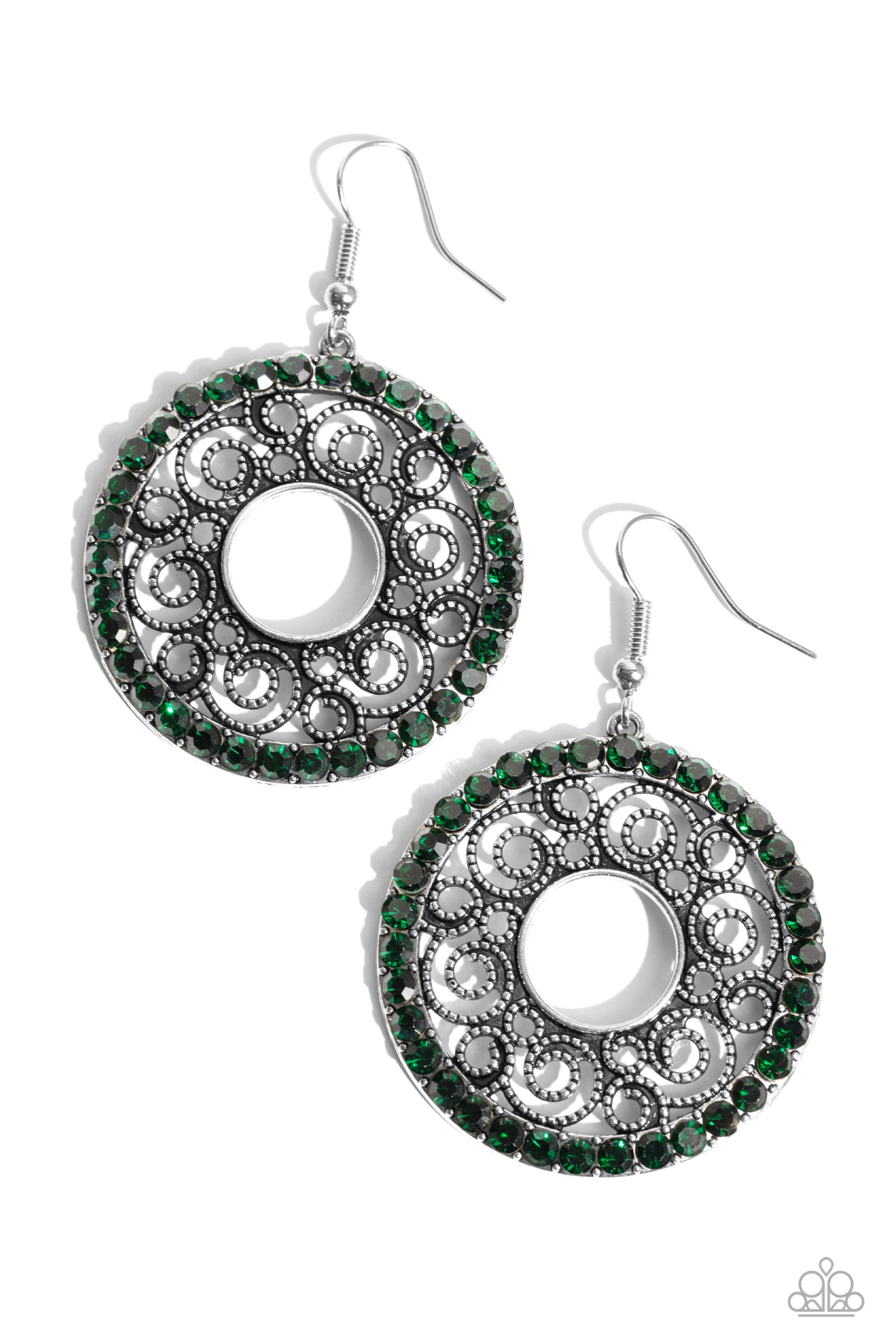 Whirly Whirlpool Green Rhinestone Earring - Paparazzi Accessories  Bordered in a ring of glittery green rhinestones, a rustic silver hoop is filled with whirly silver filigree for a wistful finish. Earring attaches to a standard fishhook fitting.  Sold as one pair of earrings.  P5RE-GRXX-170XX