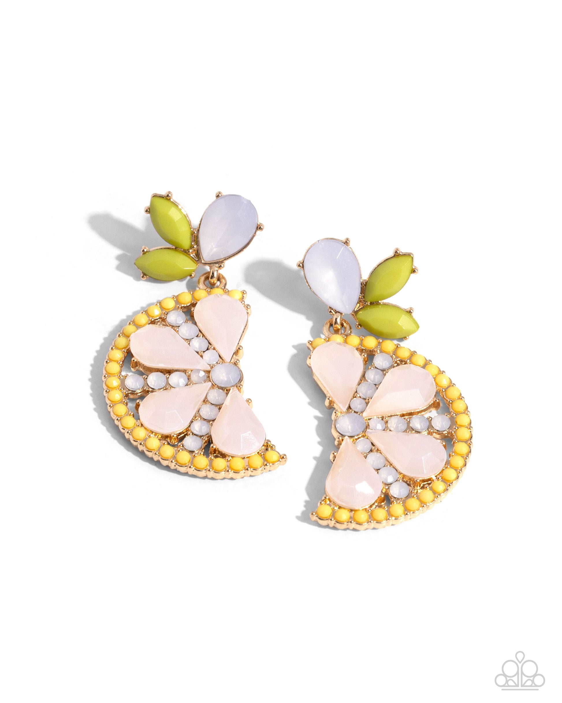 Slice of Summer Yellow Post Earring - Paparazzi Accessories  Outlined by bright yellow beads and gold fittings, opaque pink teardrops alternate with linear layers of opalescent beads, culminating into an eye-catching lemon slice frame. The lemon slice frame attaches to the bottom of an opalescent teardrop and green marquise-cut medley, creating a sweet summer lure. Earring attaches to a standard post fitting.  Sold as one pair of post earrings.  P5PO-YWXX-036XX