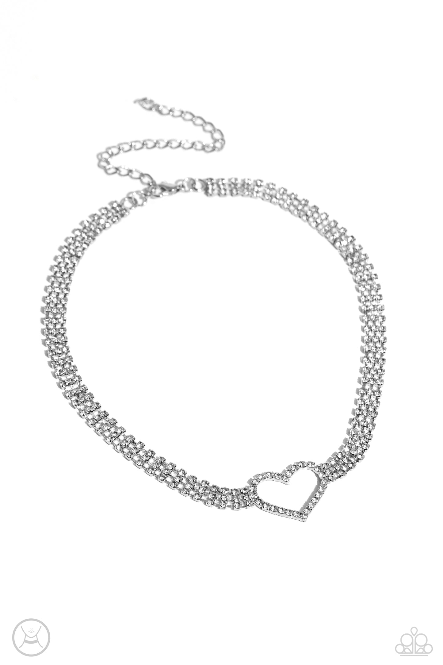 Rows of Romance White Heart Choker Necklace - Paparazzi Accessories  Featuring sleek square fittings, a dramatic white rhinestone heart-shaped frame glitters at the center of blinding rows of glassy white rhinestones also set in silver square fittings, resulting in a flirtatious sparkle around the neck. Features an adjustable clasp closure.  Sold as one individual choker necklace. Includes one pair of matching earrings.  P2CH-WTXX-071XX