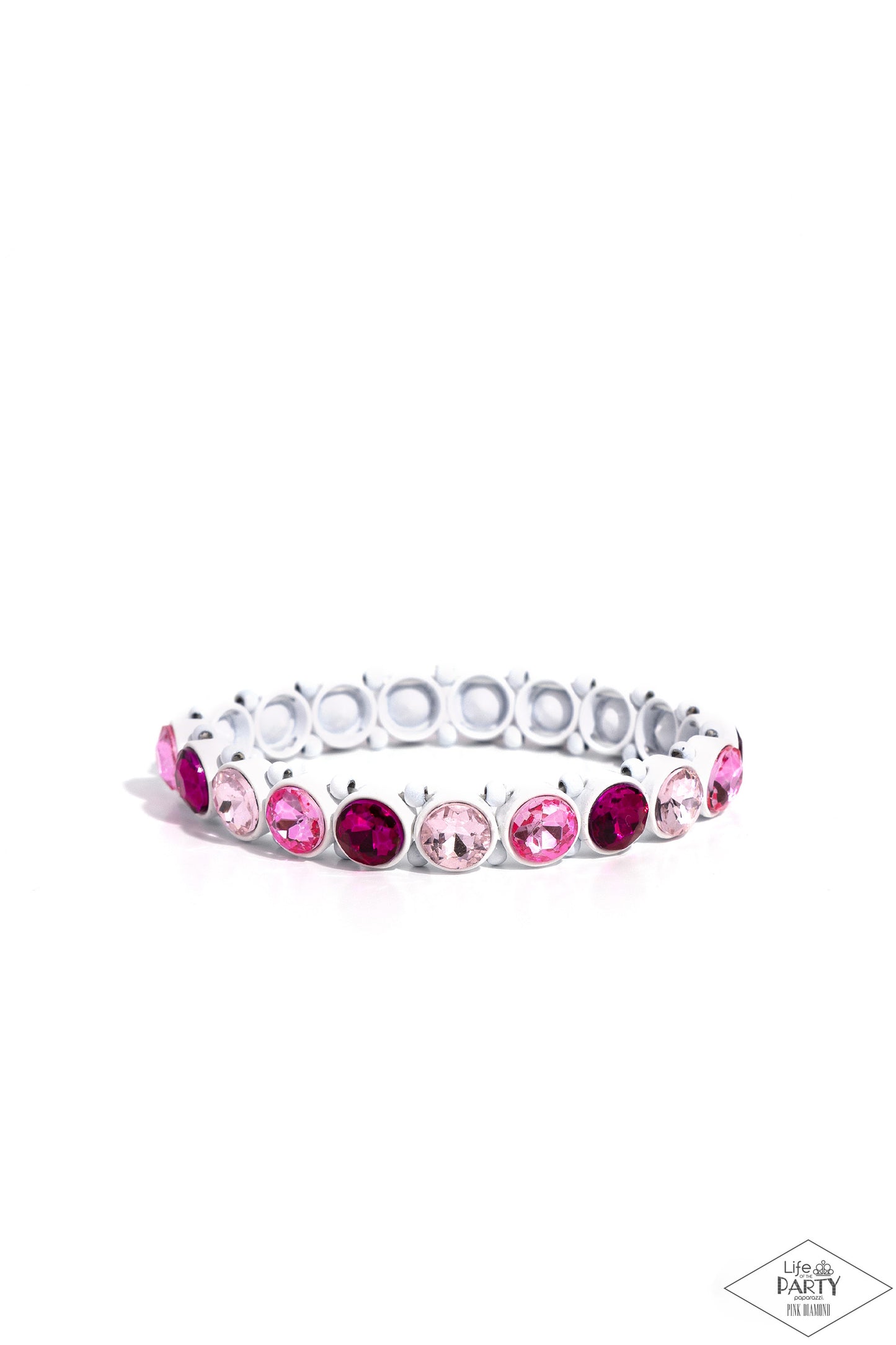 Sugar-Coated Sparkle Pink Stretch Bracelet - Paparazzi Accessories  Infused with dainty, white-painted beads and frames, various shades of pink rhinestone-encrusted frames are threaded along stretchy bands around the wrist for a glamorous look. Due to its prismatic palette, color may vary.  Sold as one individual bracelet.  P9RE-PKXX-321XX