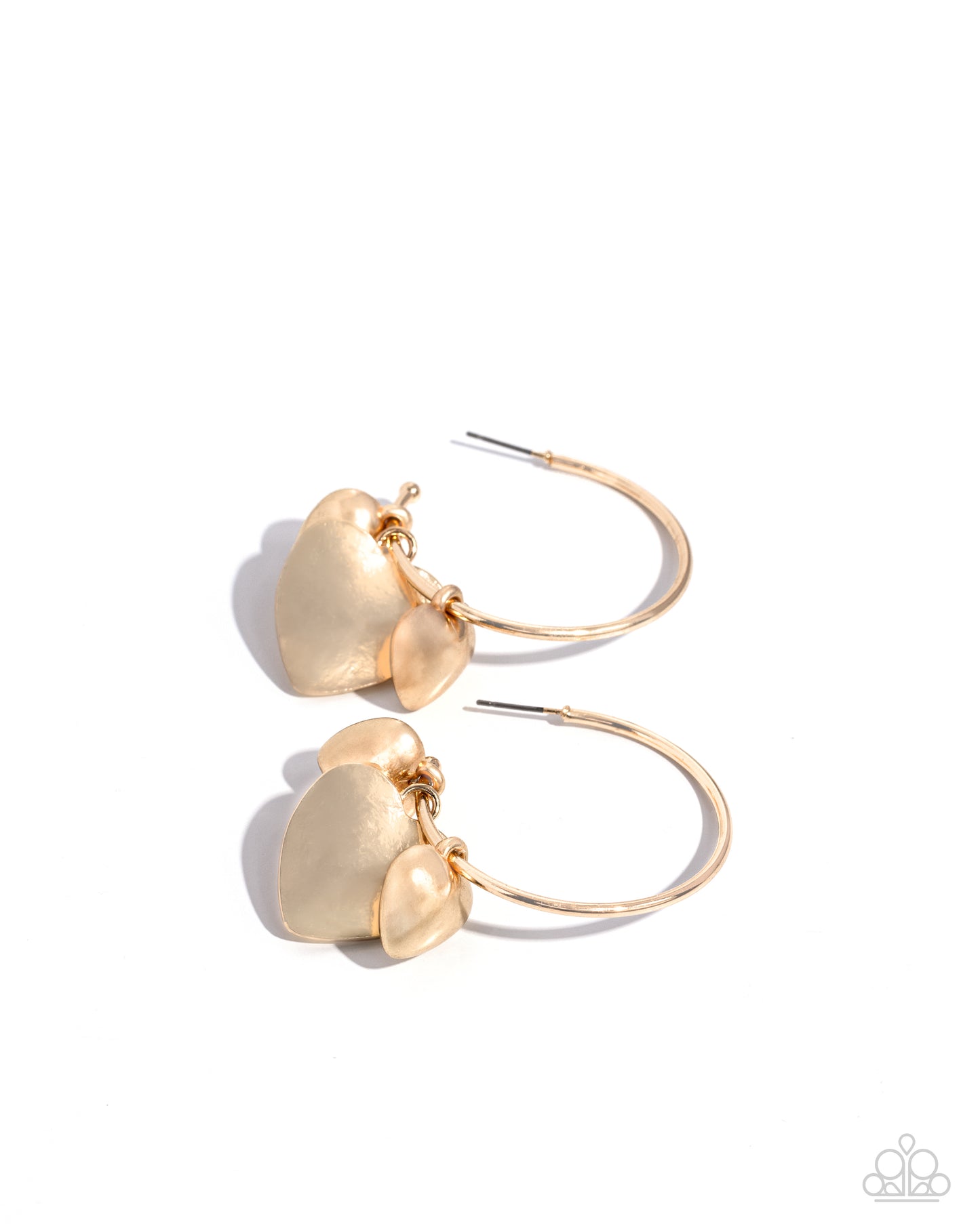 Casually Crushing Gold Heart Hoop Earring - Paparazzi Accessories  Featuring various textures, a trio of gold hearts in varying sizes cascades from a thin gold hoop for a romantic statement. Earring attaches to a standard post fitting. Hoop measures approximately 1 1/2" in diameter.  Sold as one pair of hoop earrings.  P5HO-GDXX-345XX