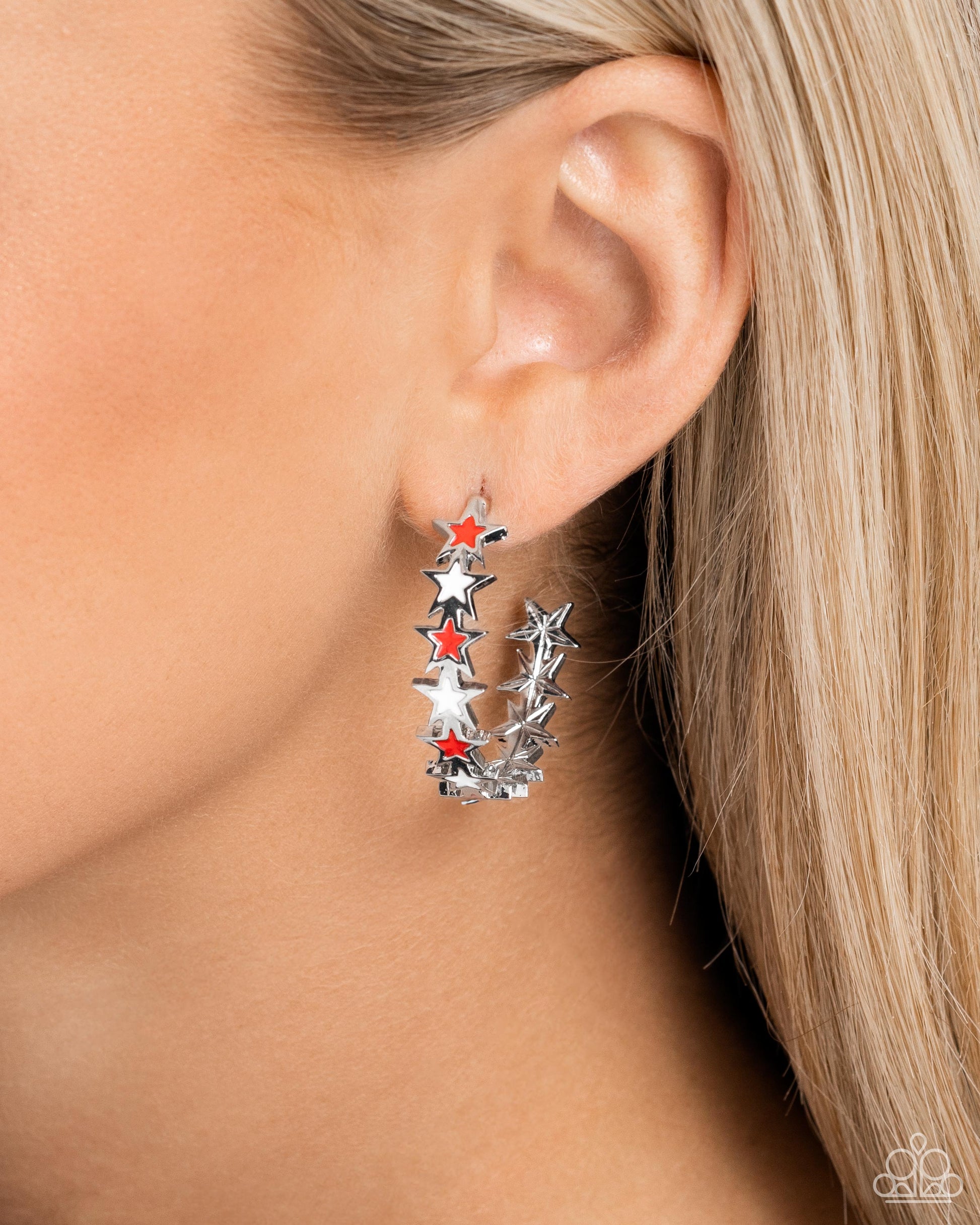 Star Spangled Statement Red Hoop Earring - Paparazzi Accessories  A charming collection of red and white-painted silver stars curl around the ear, resulting in a patriotic-inspired fashion. Earring attaches to a standard post fitting. Hoop measures approximately 1 1/2" in diameter.  Sold as one pair of hoop earrings.  P5HO-RDXX-033XX