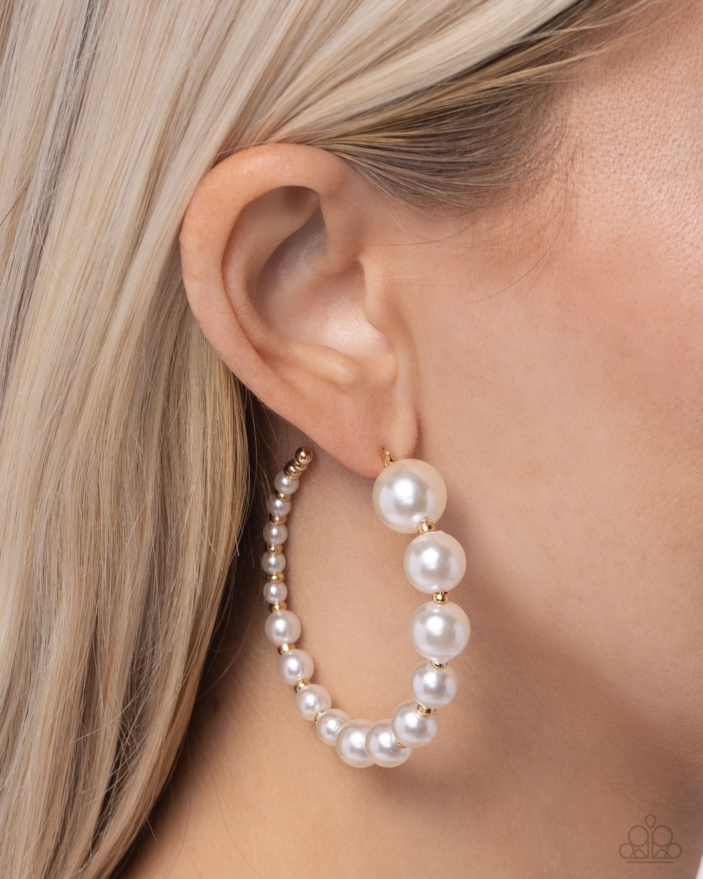 Candidate Class Gold Pearl Hoop Earring - Paparazzi Accessories Gradually decreasing in size, glossy white pearls alternate with high-sheen, dainty gold beads for a refined hoop. Earring attaches to a standard post fitting. Hoop measures approximately 2" in diameter. Sold as one pair of hoop earrings. SKU: P5HO-GDXX-346XX