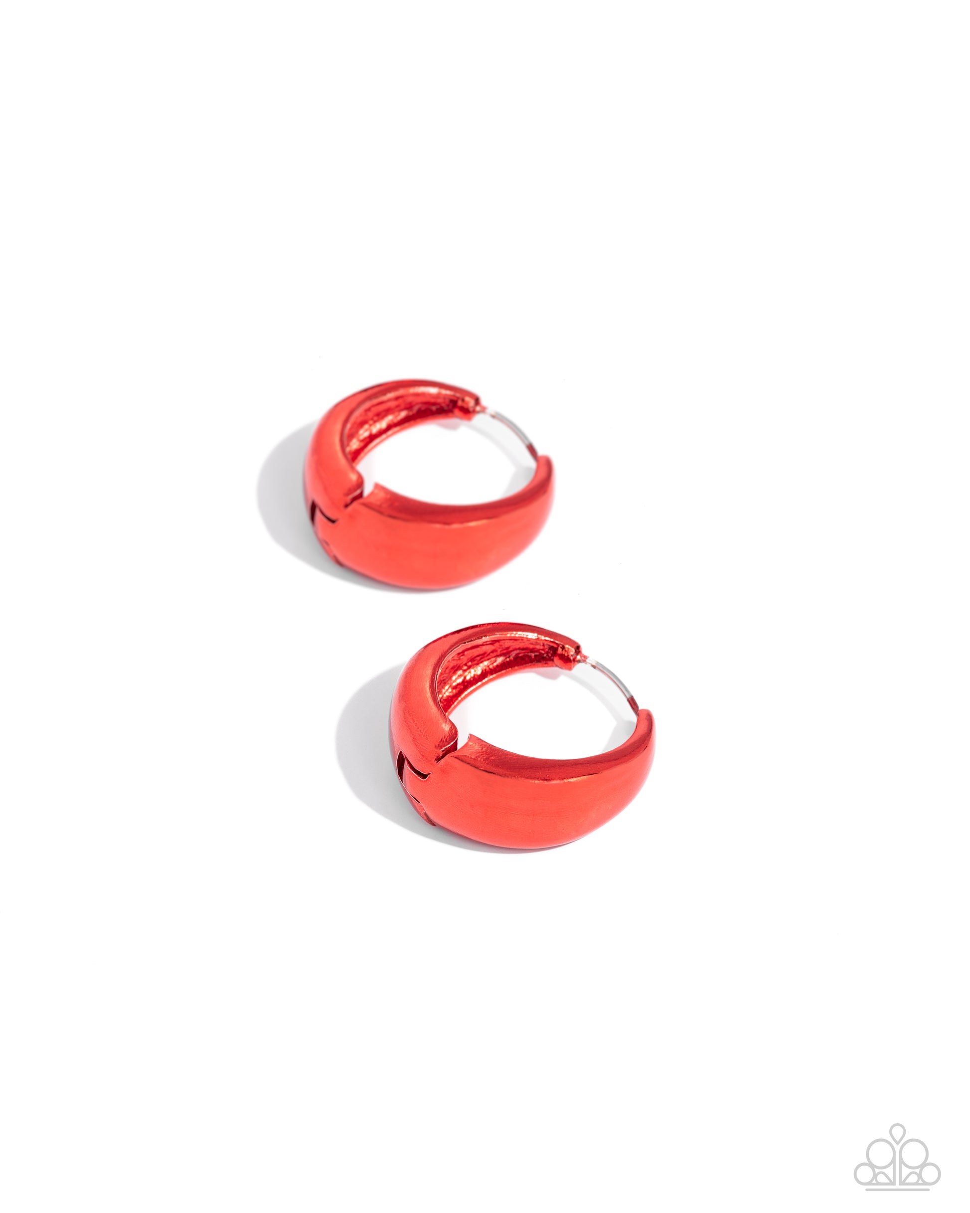 Colorful Curiosity Red Hinge Hoop Earring - Paparazzi Accessories  Dipped in an electric red hue, a thick hinge hoop curls around the ear for a splash of bright color. Earring attaches to a standard hinge closure fitting. Hoop measures approximately 3/4" in diameter.  Sold as one pair of hoop earrings.  P5HO-RDXX-034XX