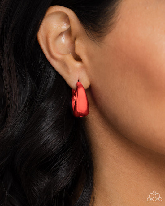 Colorful Curiosity Red Hinge Hoop Earring - Paparazzi Accessories  Dipped in an electric red hue, a thick hinge hoop curls around the ear for a splash of bright color. Earring attaches to a standard hinge closure fitting. Hoop measures approximately 3/4" in diameter.  Sold as one pair of hoop earrings.  P5HO-RDXX-034XX