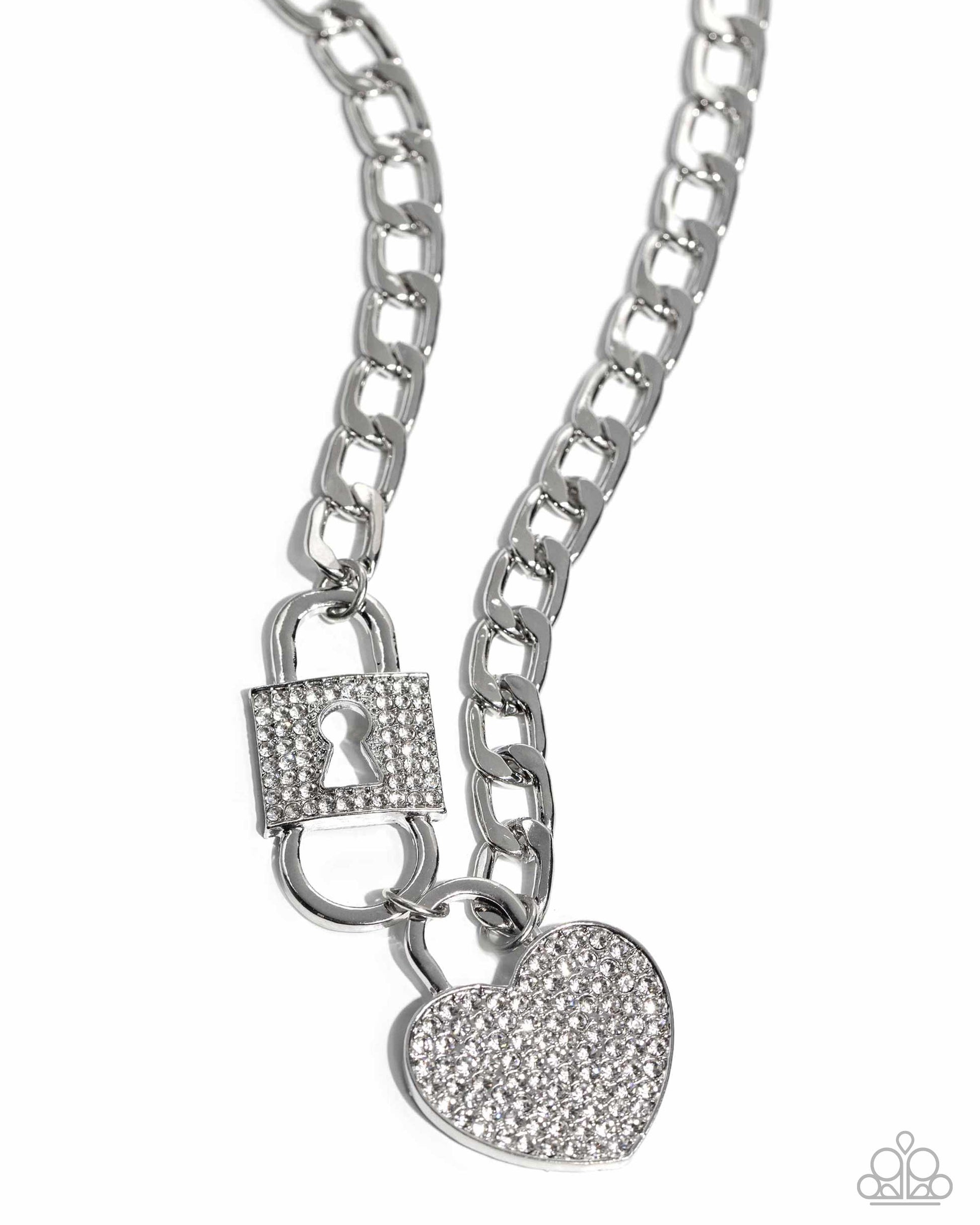 Lock Up Your Love White Necklace - Paparazzi Accessories (June 2024 LOP)    Embellished with glistening white rhinestones, a silver lock pendant and heart padlock interconnect from a silver curb chain for a romantic-inspired display of shimmer. Features an adjustable clasp closure.  Sold as one individual necklace. Includes one pair of matching earrings.  Item #P2ST-WTXX-144XX