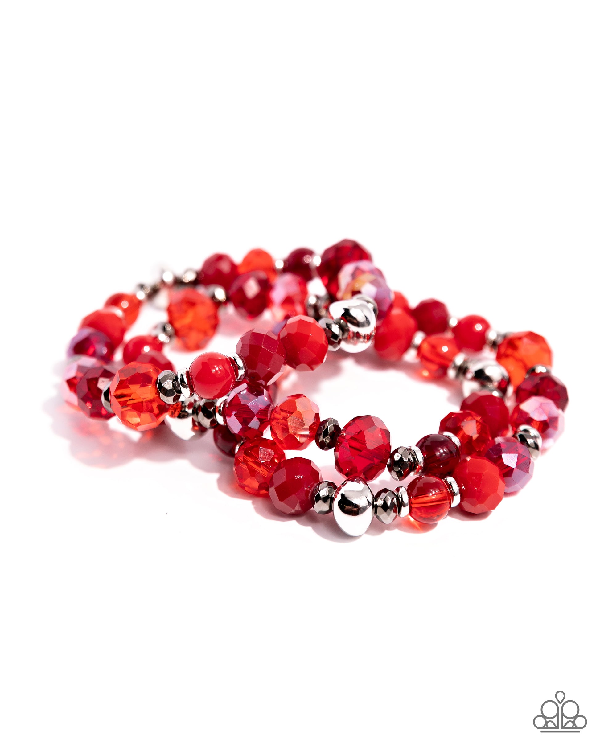 Stack of GLASS Red Stretch Bracelet - Paparazzi Accessories  Infused along elastic stretchy bands, a collection of highly-faceted red beads in various shades and silver and gunmetal beads stack along the wrist for a pop of color.  Sold as one set of three bracelets.  P9RE-RDXX-134XX