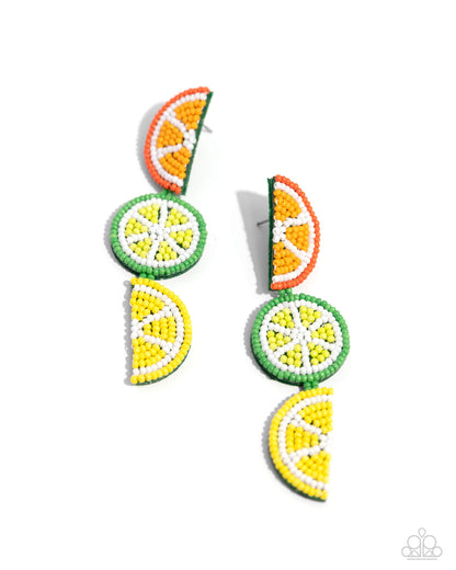 Fresh Fruit Multi Seed Bead Post Earring - Paparazzi Accessories  Featuring an arrangement of seed beads, a collection of various fruits cascade down the ear for a whimsical design. Each fruit features Burnt Orange, Saffron, Classic Green, Love Bird, High Visibility, and white detailing for a bright display of color. Earring attaches to a standard post fitting.  Sold as one pair of post earrings.  P5PO-MTXX-124XX