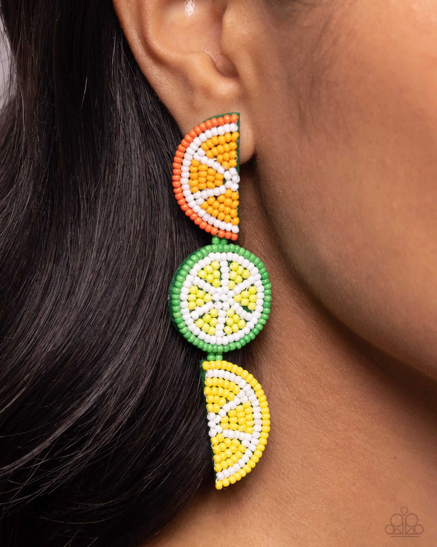 Fresh Fruit Multi Seed Bead Post Earring - Paparazzi Accessories  Featuring an arrangement of seed beads, a collection of various fruits cascade down the ear for a whimsical design. Each fruit features Burnt Orange, Saffron, Classic Green, Love Bird, High Visibility, and white detailing for a bright display of color. Earring attaches to a standard post fitting.  Sold as one pair of post earrings.  P5PO-MTXX-124XX