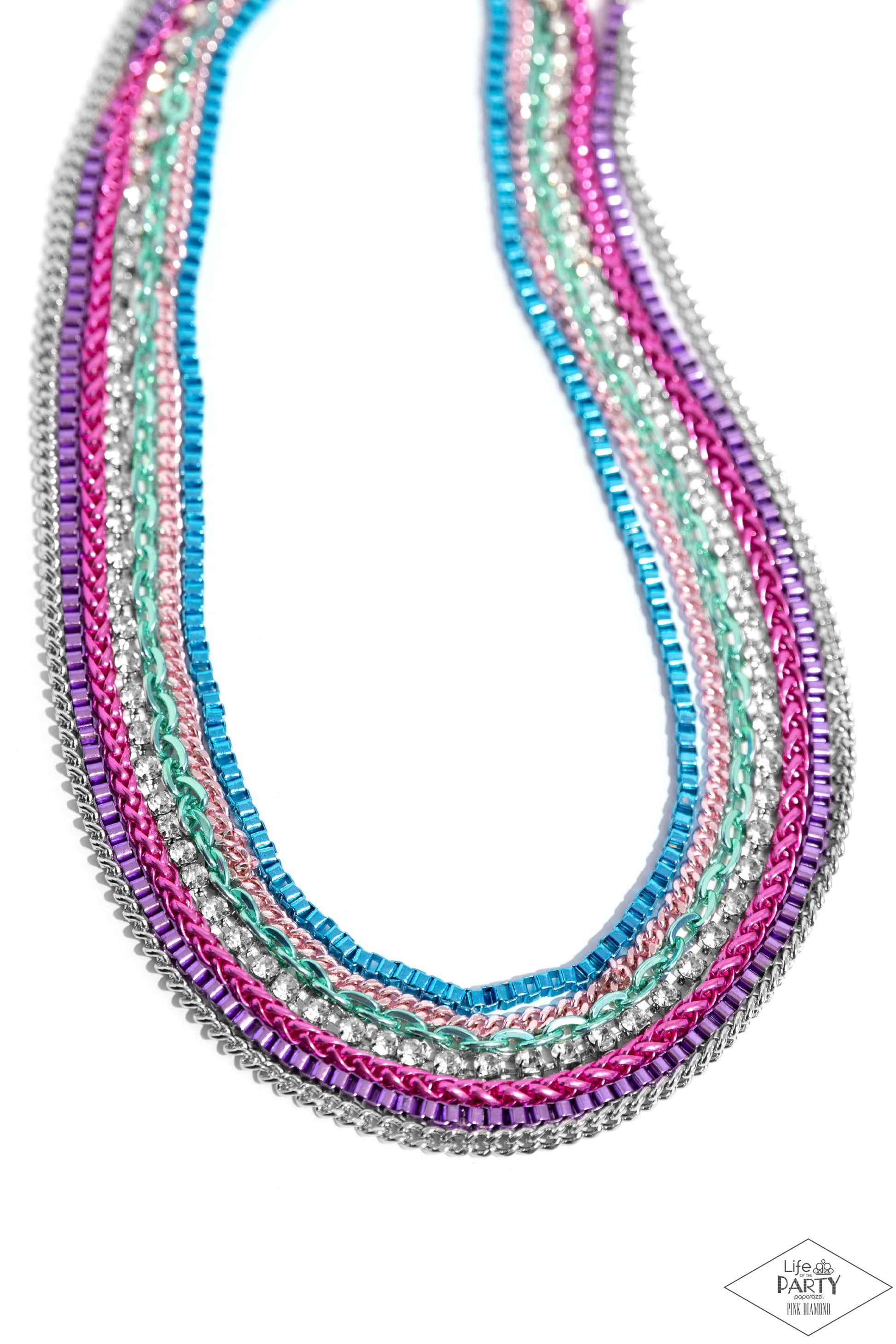 Troublemaker Trove Multi Necklace - Paparazzi Accessories  Rows of glistening multicolored chains, multicolored box-chains, and multicolored cable chains drape into endless layers of shimmer down the neckline. A row of classic white rhinestones, pressed into square frames, drips between the bulky layers, adding a dash of sparkle to the industrially colorful palette. Features an adjustable clasp closure.  Sold as one individual necklace. Includes one pair of matching earrings.  P2IN-MTXX-094XX