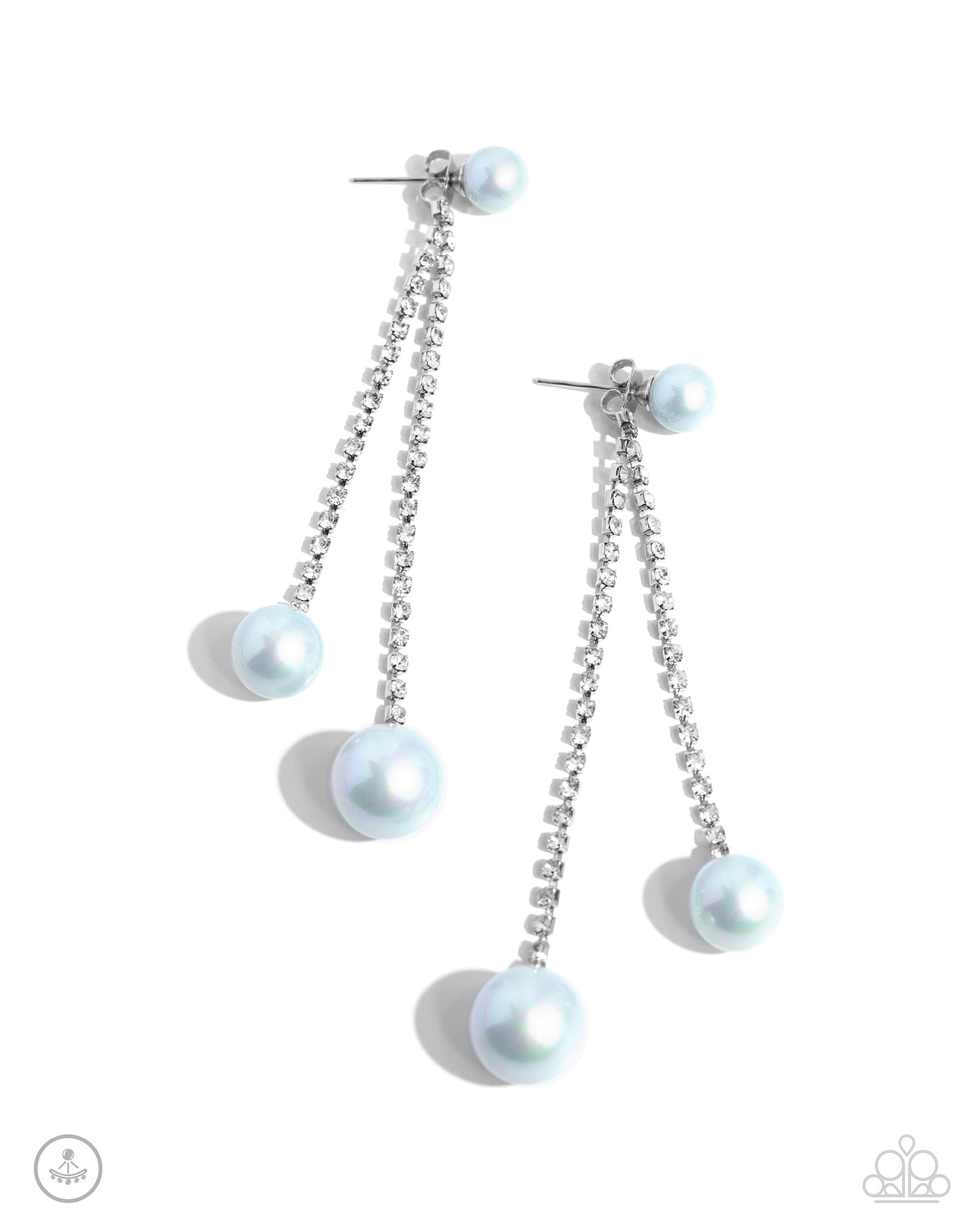 Give Us A PEARL! Blue Jacket Earring - Paparazzi Accessories  A solitaire light blue pearl attaches to a double-sided post designed to fasten behind the ear. Dotted in dainty white rhinestones, a duo of shimmery silver box chains swings from the bottom of the solitaire pearl fitting with additional light blue pearls peeking out behind the ear for a refining finish. Earring attaches to a standard post fitting.  Sold as one pair of post earrings.  P5PO-BLXX-180XX