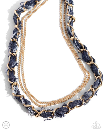 Denim Danger Gold Necklace - Paparazzi Accessories  Infused through oversized gold links, dark-wash denim pairs with a dainty gold chain for a dynamic duo below the neckline. Features an adjustable clasp closure.  Sold as one individual choker necklace. Includes one pair of matching earrings.  P2CH-GDXX-135XX