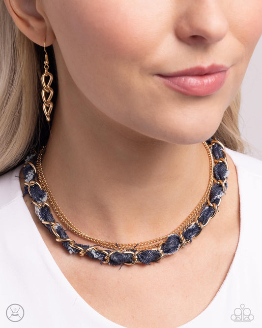 Denim Danger Gold Necklace - Paparazzi Accessories  Infused through oversized gold links, dark-wash denim pairs with a dainty gold chain for a dynamic duo below the neckline. Features an adjustable clasp closure.  Sold as one individual choker necklace. Includes one pair of matching earrings.  P2CH-GDXX-135XX