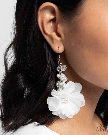 Fashionable Flower Girl White Earring - Paparazzi Accessories  A collection of bubbly white pearls and faceted clear beads give way to an oversized white tulle flower. Glossy white pearls gleam from the center of the tulle fabric for additional refinement. Earring attaches to a standard fishhook fitting.  Sold as one pair of earrings.  P5RE-WTXX-618XX