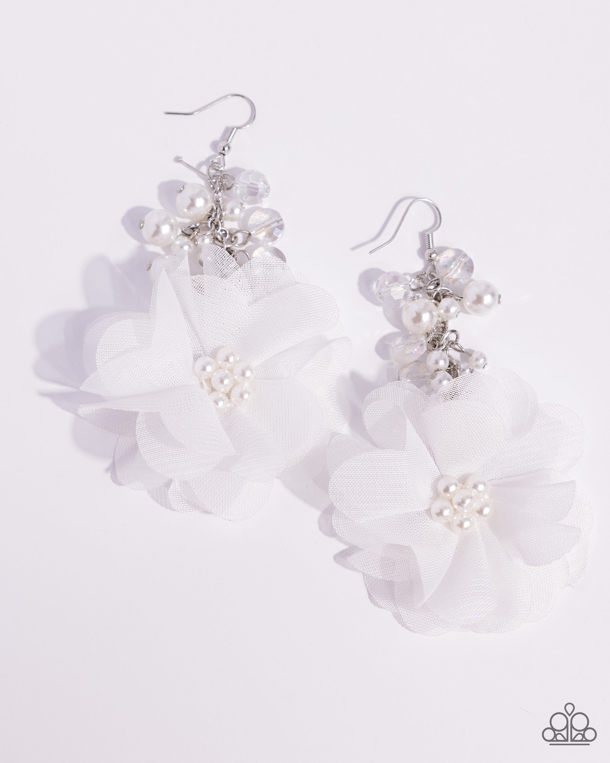 Fashionable Flower Girl White Earring - Paparazzi Accessories  A collection of bubbly white pearls and faceted clear beads give way to an oversized white tulle flower. Glossy white pearls gleam from the center of the tulle fabric for additional refinement. Earring attaches to a standard fishhook fitting.  Sold as one pair of earrings.  P5RE-WTXX-618XX