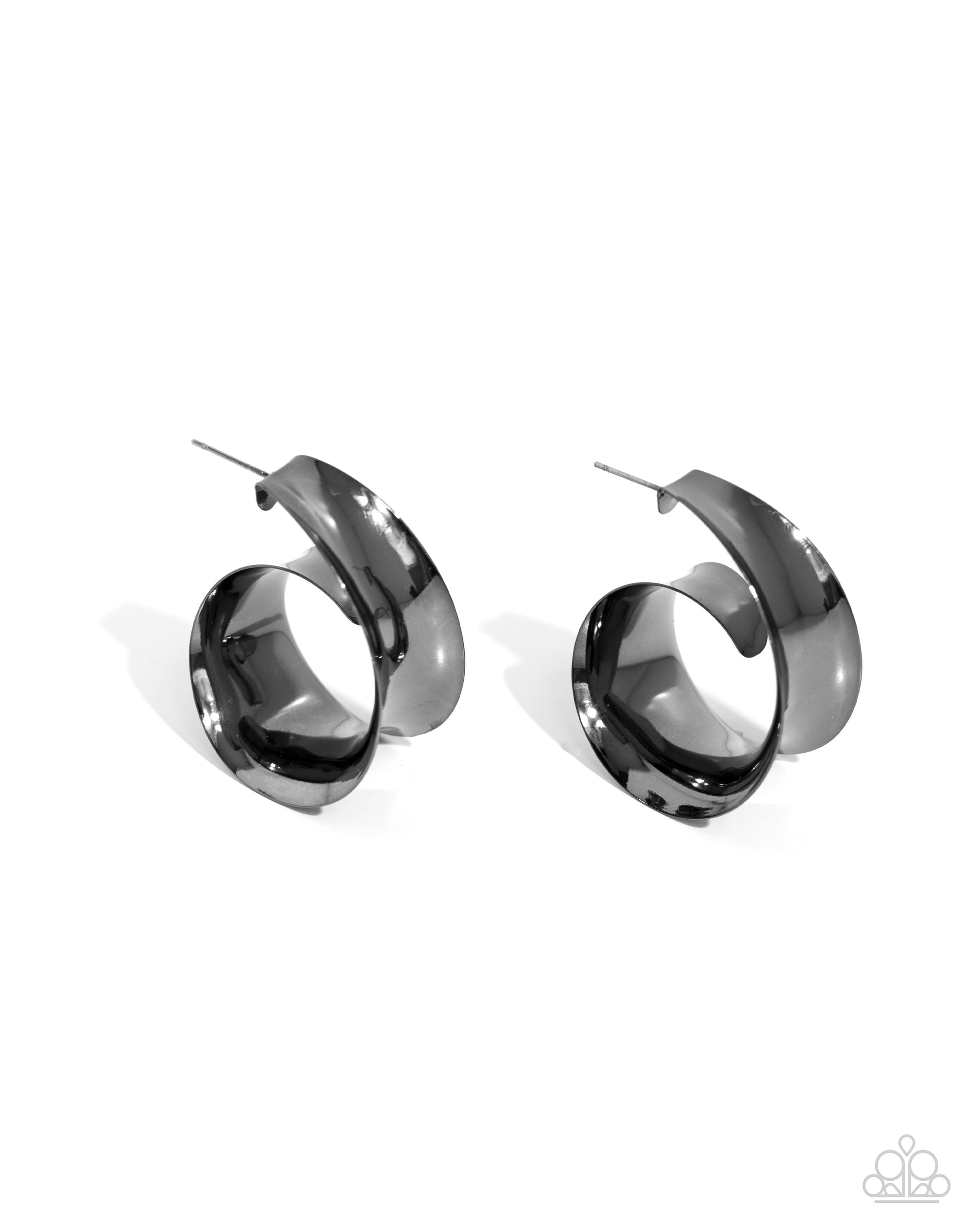 Curly Cadence Black Hoop Earring - Paparazzi Accessories  Featuring a sleek finish, a thick band of gunmetal curls into a dainty swirl at the bottom of the ear for an eye-catching centerpiece. Earring attaches to a standard post fitting. Hoop measures approximately 1 1/2" in diameter.  Sold as one pair of hoop earrings.  P5HO-BKXX-276XX