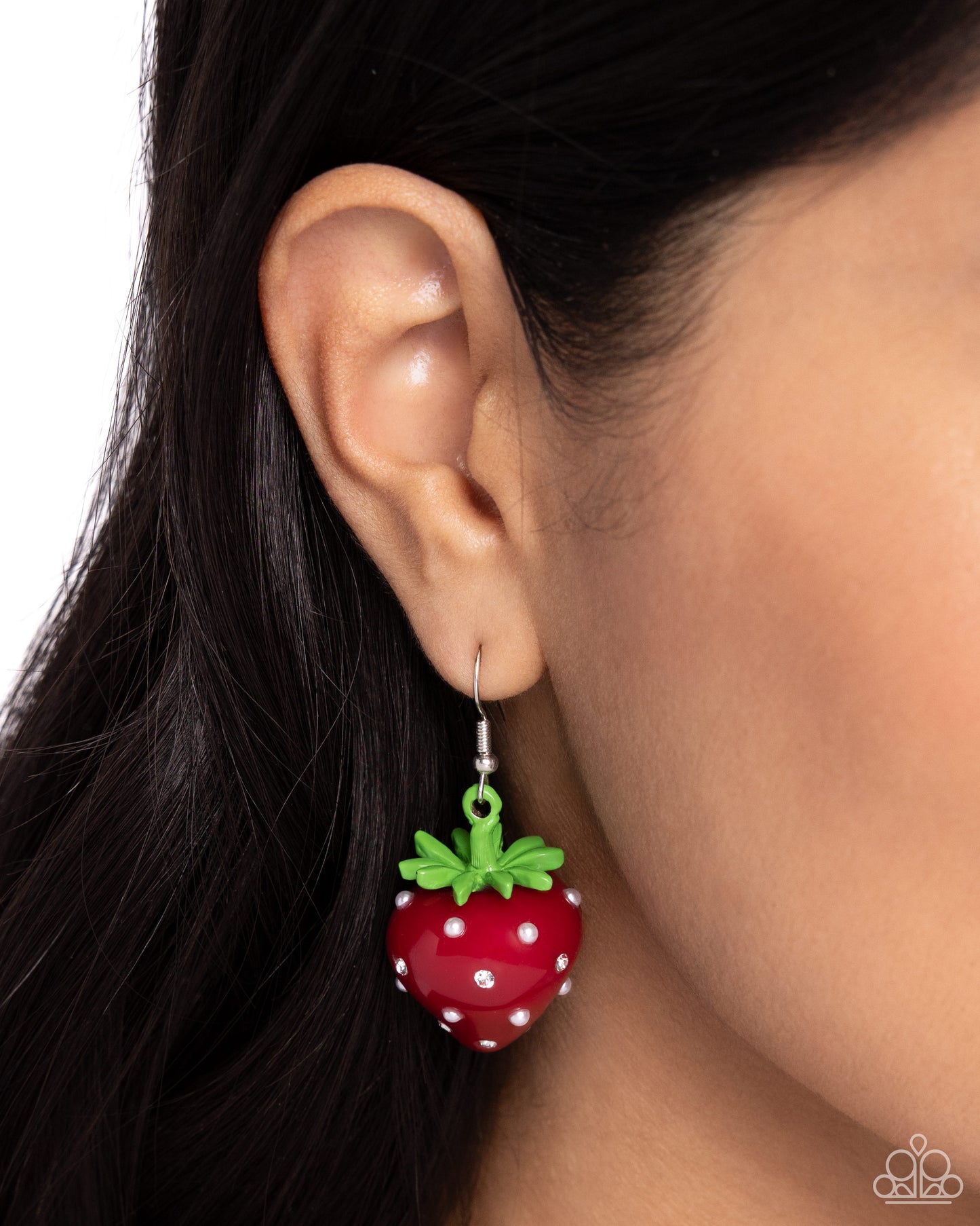 Strawberry Sentiment Red Earring - Paparazzi Accessories  Featuring white pearls and rhinestones as imitation seeds, a glossy red and green strawberry charm dangles from the ear for a summery statement. Earring attaches to a standard fishhook fitting.  Sold as one pair of earrings.  P5SE-RDXX-212XX