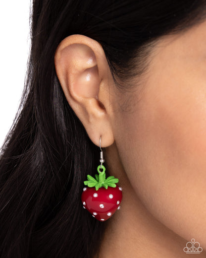 Strawberry Sentiment Red Earring - Paparazzi Accessories  Featuring white pearls and rhinestones as imitation seeds, a glossy red and green strawberry charm dangles from the ear for a summery statement. Earring attaches to a standard fishhook fitting.  Sold as one pair of earrings.  P5SE-RDXX-212XX