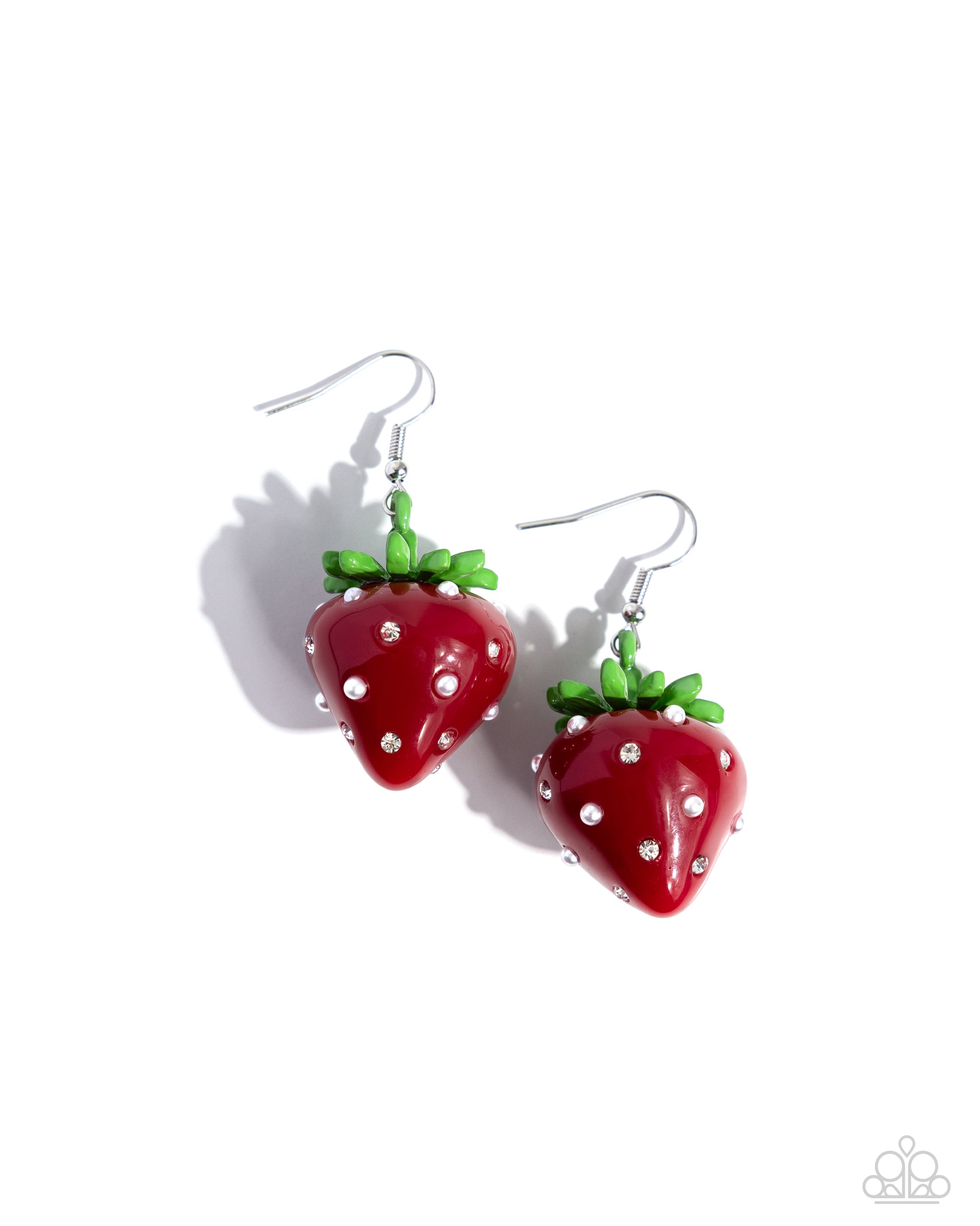 Strawberry Sentiment Red Earring - Paparazzi Accessories  Featuring white pearls and rhinestones as imitation seeds, a glossy red and green strawberry charm dangles from the ear for a summery statement. Earring attaches to a standard fishhook fitting.  Sold as one pair of earrings.  P5SE-RDXX-212XX