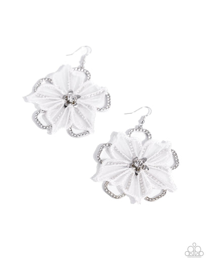 Refined Recognition White Flower Earring - Paparazzi Accessories  Delicately perched atop an airy, silver, white rhinestone-encrusted floral frame, a white lace appliqué flower blooms from the ear. Smaller, dainty silver petals bloom from a white gem center atop the white lace appliqué, creating the ultimate three-dimensional, whimsically elegant centerpiece. Earring attaches to a standard fishhook fitting.  Sold as one pair of earrings.  P5RE-WTXX-619XX