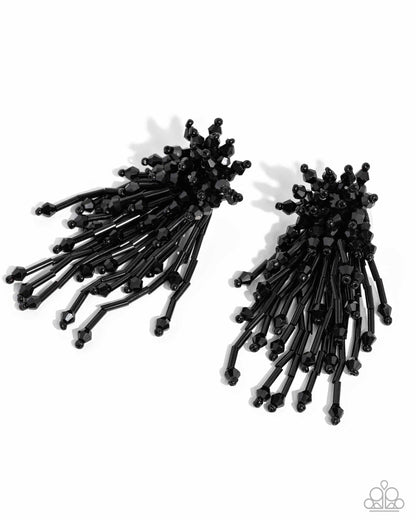 Congratulatory Charm Black Post Earring - Paparazzi Accessories (June 2024 LOP)  An explosion of faceted, shiny black beads and bars elongate into a modern, edgy display. Earring attaches to a standard post fitting.  Sold as one pair of post earrings.  Item #P5PO-BKXX-237XX