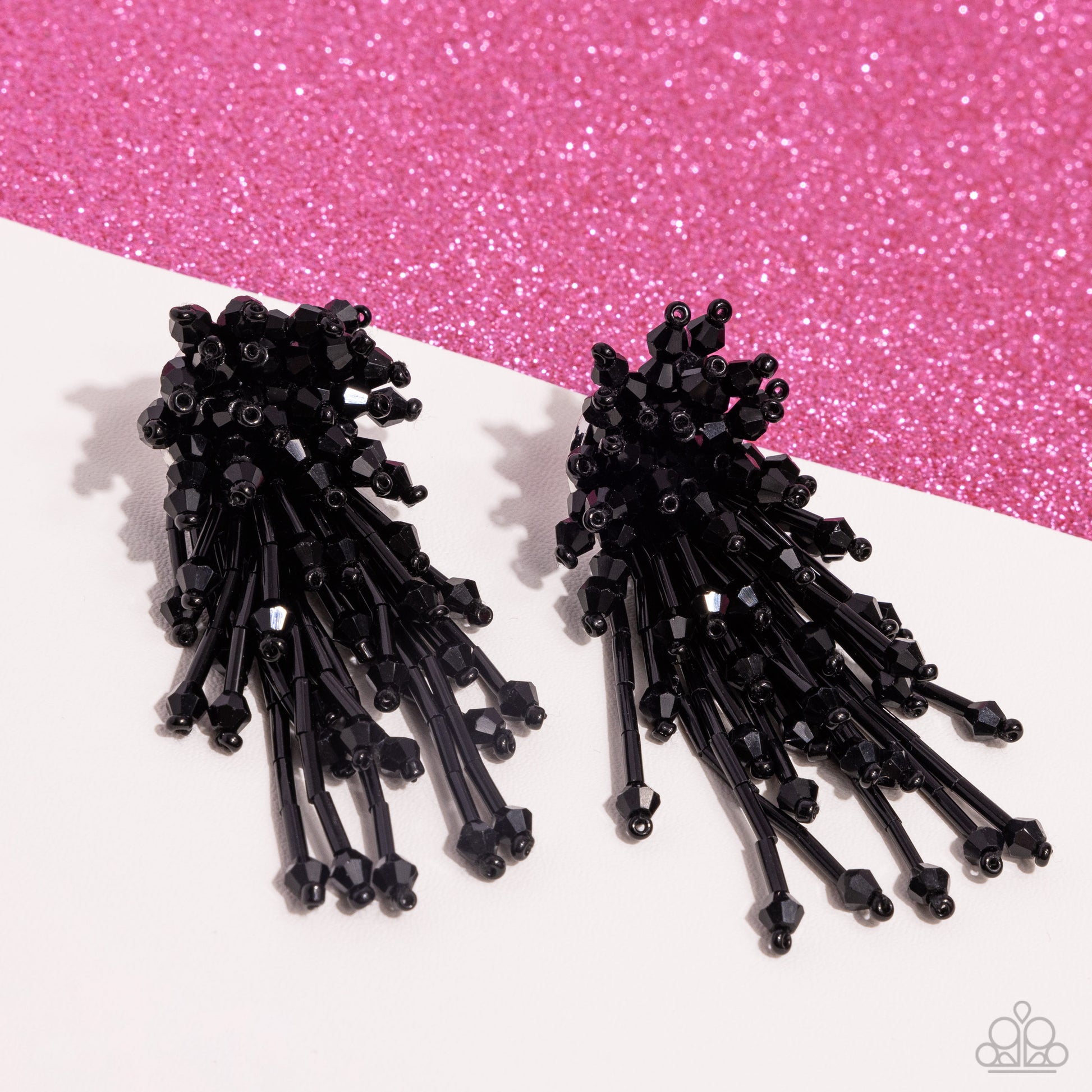 Congratulatory Charm Black Post Earring - Paparazzi Accessories (June 2024 LOP)  An explosion of faceted, shiny black beads and bars elongate into a modern, edgy display. Earring attaches to a standard post fitting.  Sold as one pair of post earrings.  Item #P5PO-BKXX-237XX