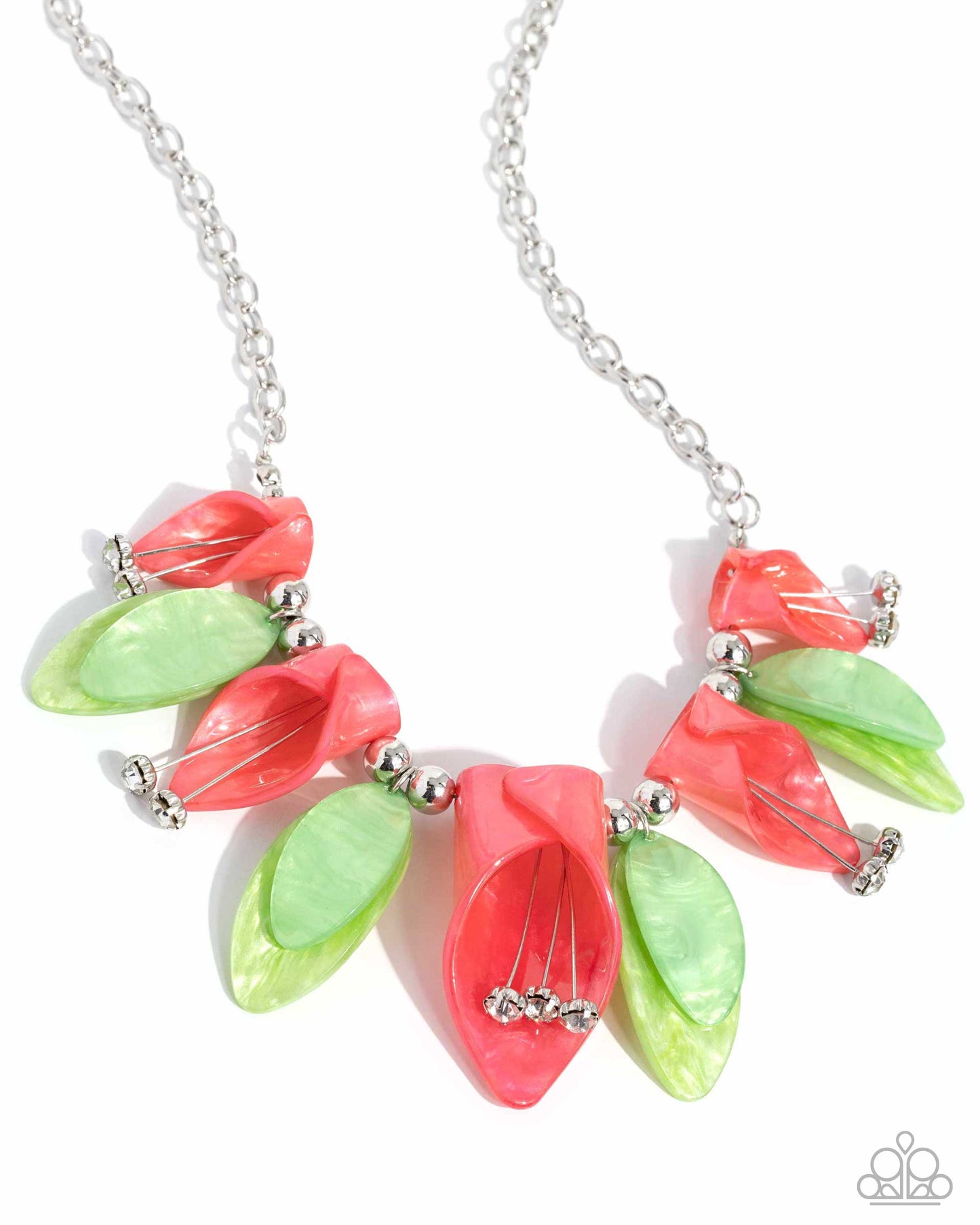 Garden Gaze Multi LOP Necklace - Paparazzi Accessories Bright coral acrylics, curl into tulip-like flowers while green acrylics, featuring a reflective shimmer, layer into leaves that alternate with the coral tulips. White gems bloom from dainty silver wires, forming into pistils from the coral tulips while glossy duos of silver beads frame the green leaves for additional sheen. Features an adjustable clasp closure. Includes one pair of matching earrings. P2ST-MTXX-153XX