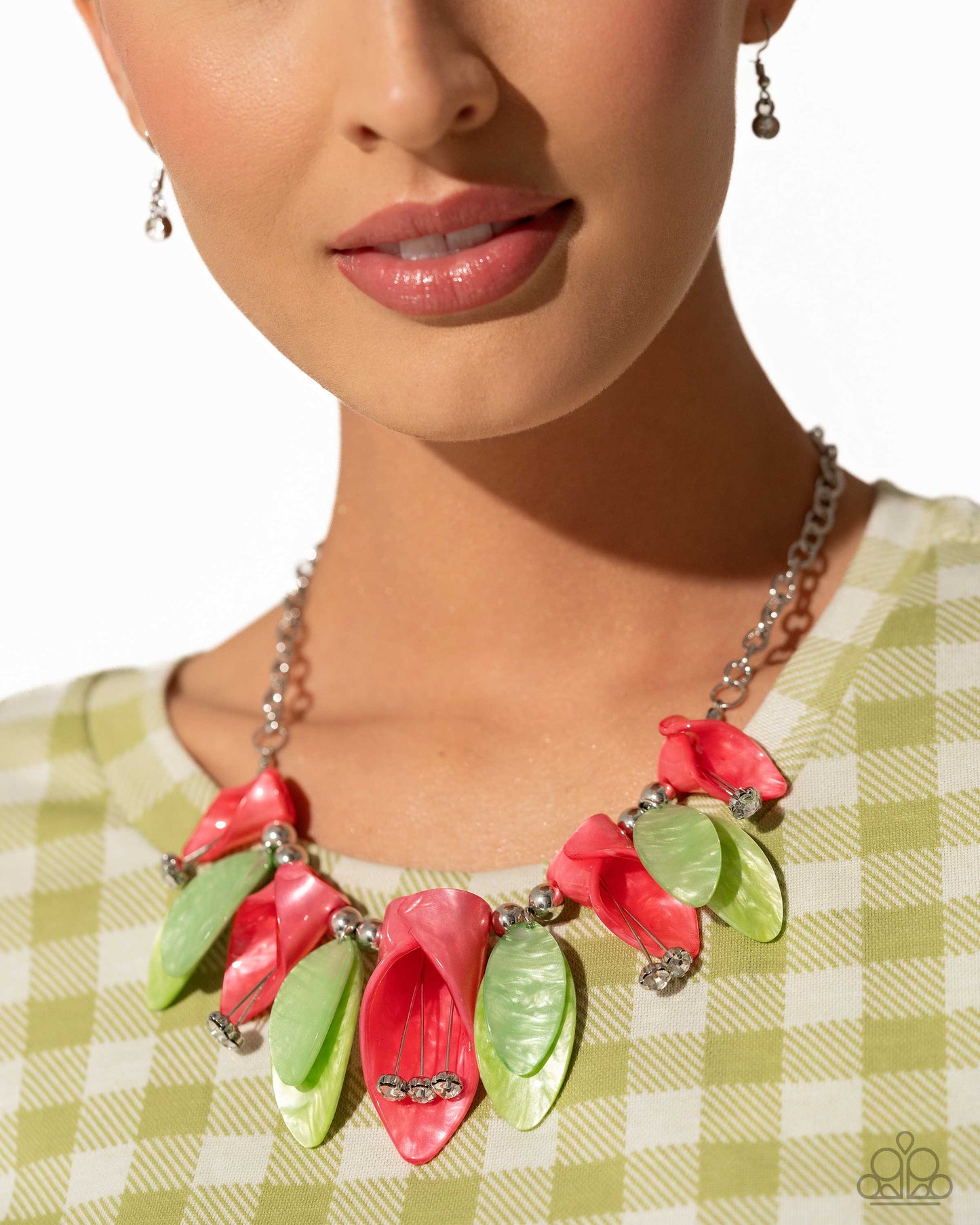 Garden Gaze Multi LOP Necklace - Paparazzi Accessories Bright coral acrylics, curl into tulip-like flowers while green acrylics, featuring a reflective shimmer, layer into leaves that alternate with the coral tulips. White gems bloom from dainty silver wires, forming into pistils from the coral tulips while glossy duos of silver beads frame the green leaves for additional sheen. Features an adjustable clasp closure. Includes one pair of matching earrings. P2ST-MTXX-153XX