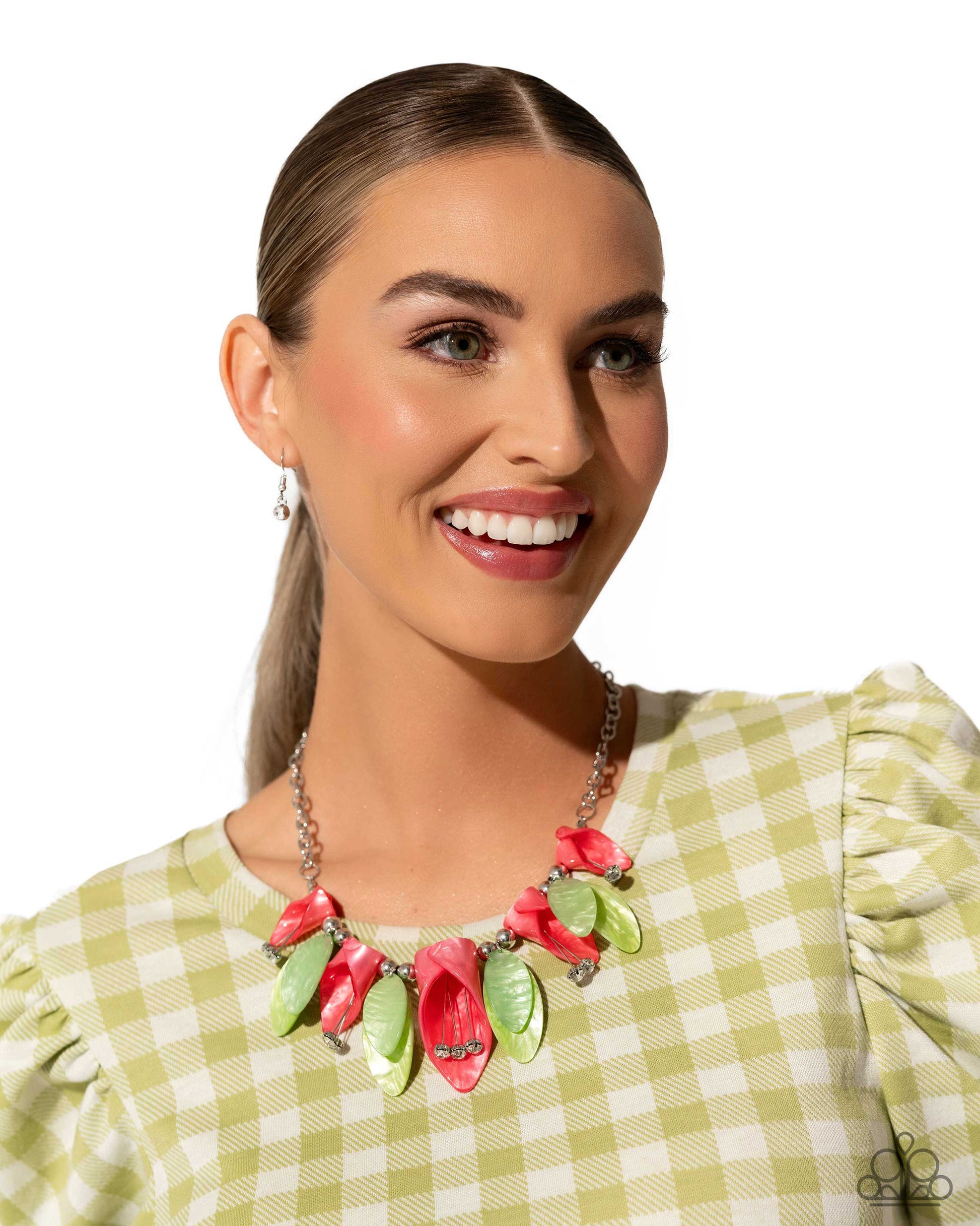 Garden Gaze Multi LOP Necklace - Paparazzi Accessories Bright coral acrylics, curl into tulip-like flowers while green acrylics, featuring a reflective shimmer, layer into leaves that alternate with the coral tulips. White gems bloom from dainty silver wires, forming into pistils from the coral tulips while glossy duos of silver beads frame the green leaves for additional sheen. Features an adjustable clasp closure. Includes one pair of matching earrings. P2ST-MTXX-153XX