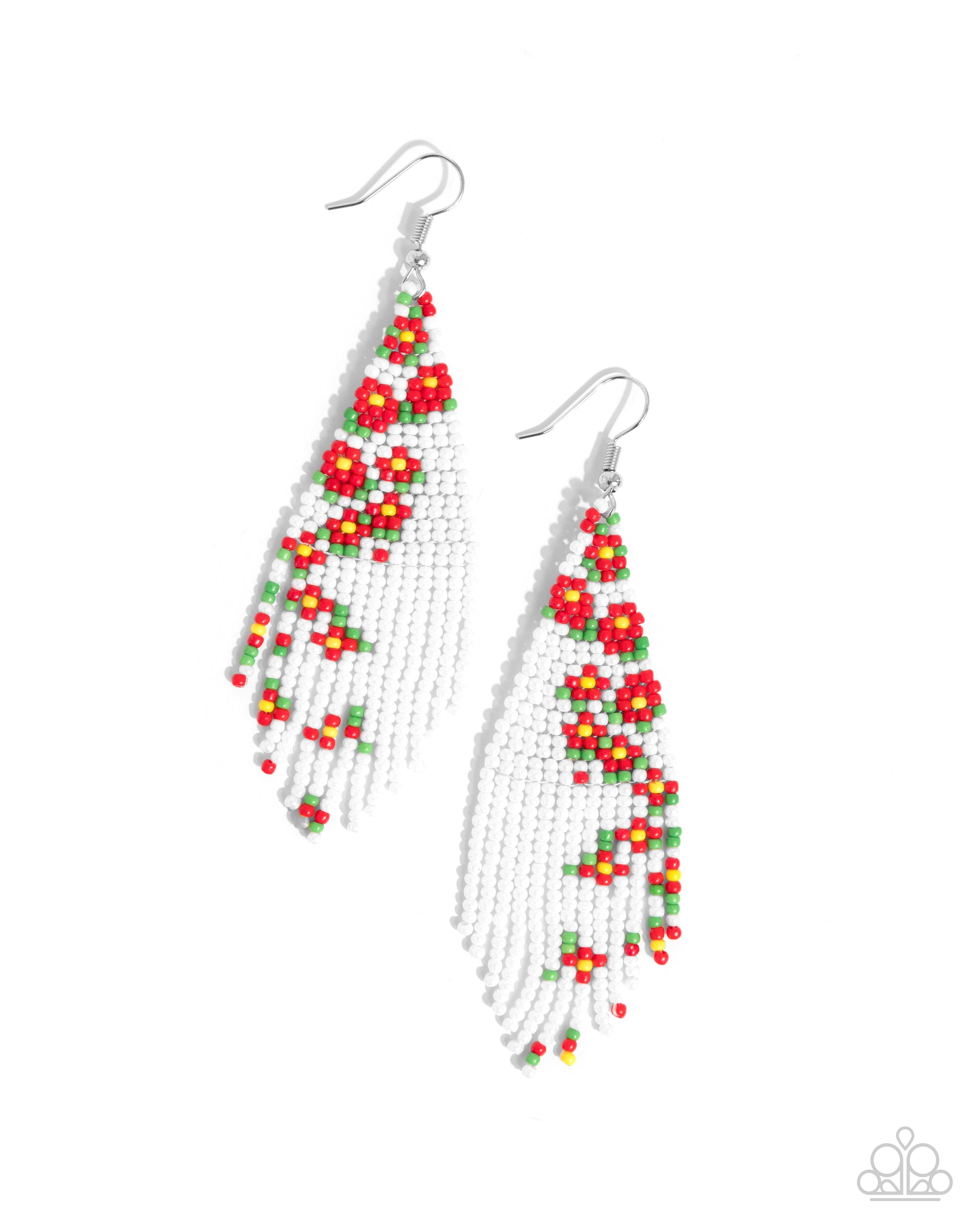 Picturesque Patchwork Red Flower Seed Bead Earring - Paparazzi Accessories  Strands of white, green, red, and yellow seed beads colorfully weave into a vivaciously floral beaded fringe that tapers below the ear. Earring attaches to a standard fishhook fitting.  Sold as one pair of earrings.  P5SE-RDXX-213XX