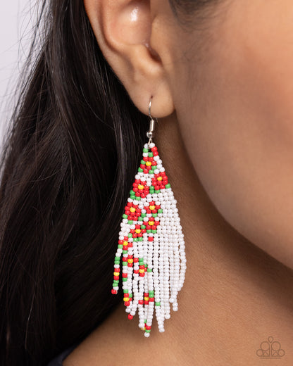 Picturesque Patchwork Red Flower Seed Bead Earring - Paparazzi Accessories  Strands of white, green, red, and yellow seed beads colorfully weave into a vivaciously floral beaded fringe that tapers below the ear. Earring attaches to a standard fishhook fitting.  Sold as one pair of earrings.  P5SE-RDXX-213XX