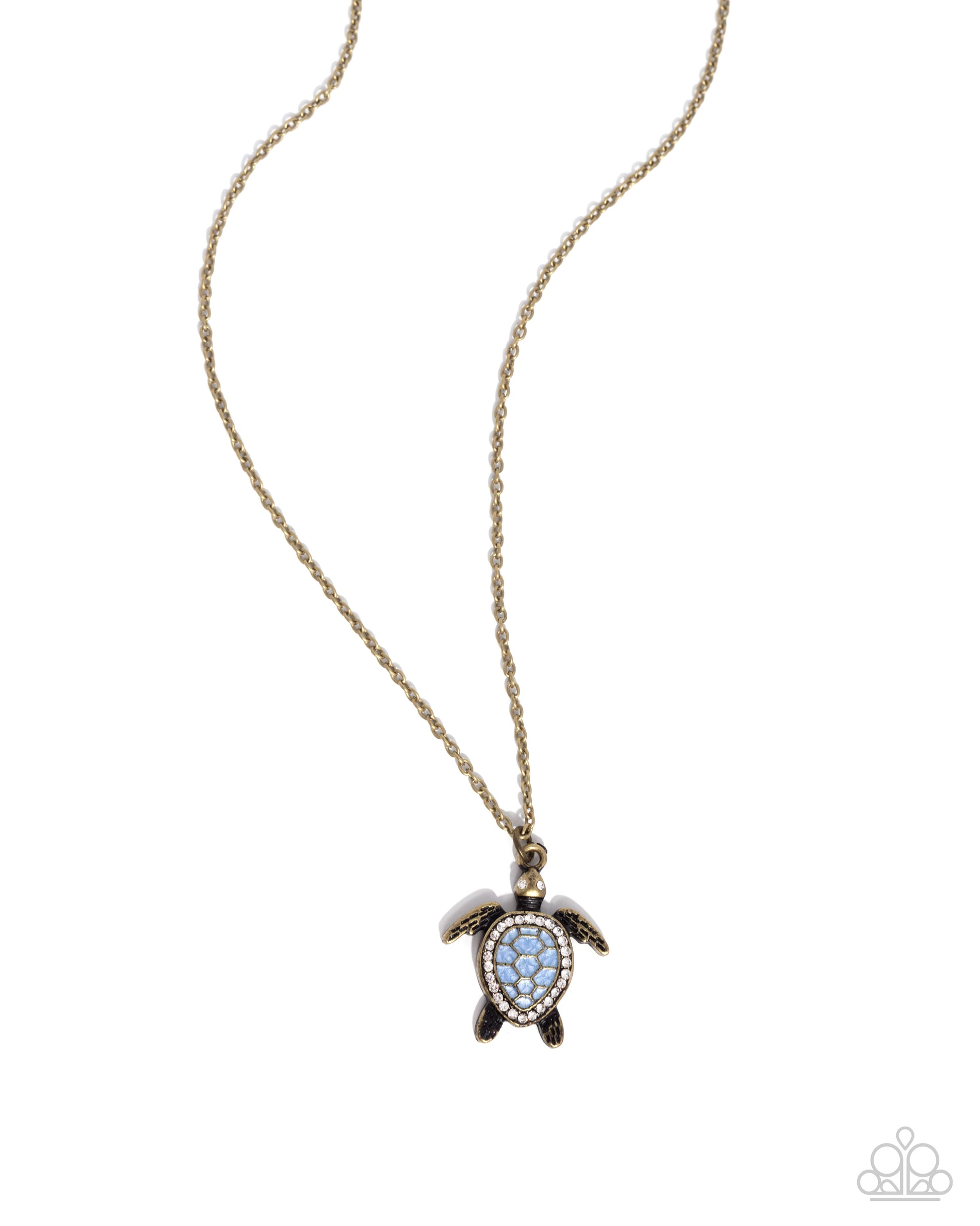 Turtle Tourist Brass Necklace - Paparazzi Accessories  Swimming along a dainty brass chain, an oversized brass turtle pendant with a Soft Chambray pearl-painted and white rhinestone embellished shell and eyes shimmers below the neckline for a classic, coastal look. Features an adjustable clasp closure.  Sold as one individual necklace. Includes one pair of matching earrings.  P2DA-BRXX-154XX