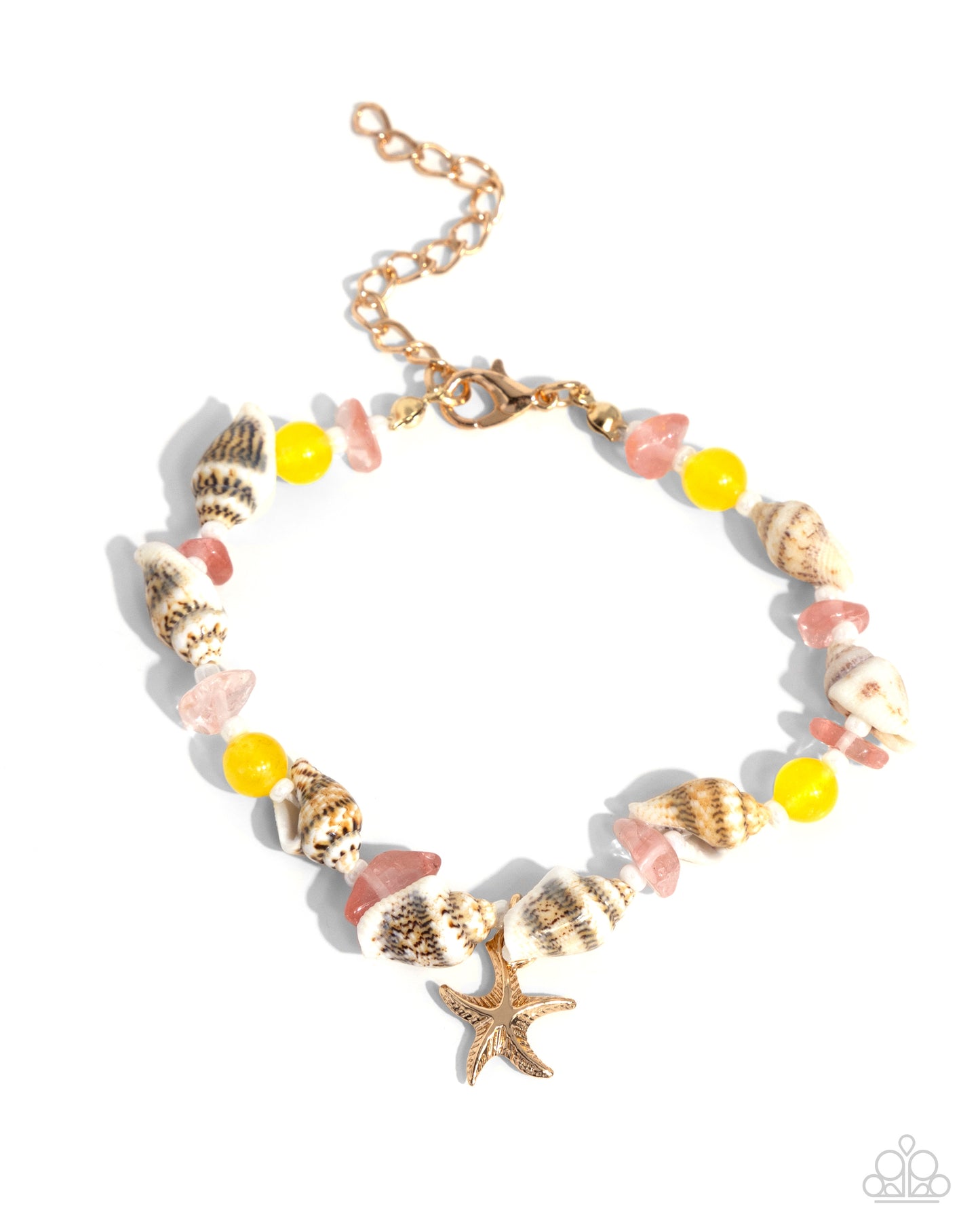 SAND-sational Statement Multi Bracelet - Paparazzi Accessories  Infused along an invisible string, a collection of white seashells, pearly white seed beads, and pink and yellow stones coalesce around the wrist. A gold starfish pendant dangles from the wrist for a beachy finish. Features an adjustable clasp closure.  Sold as one individual bracelet.  P9SE-MTXX-217XI