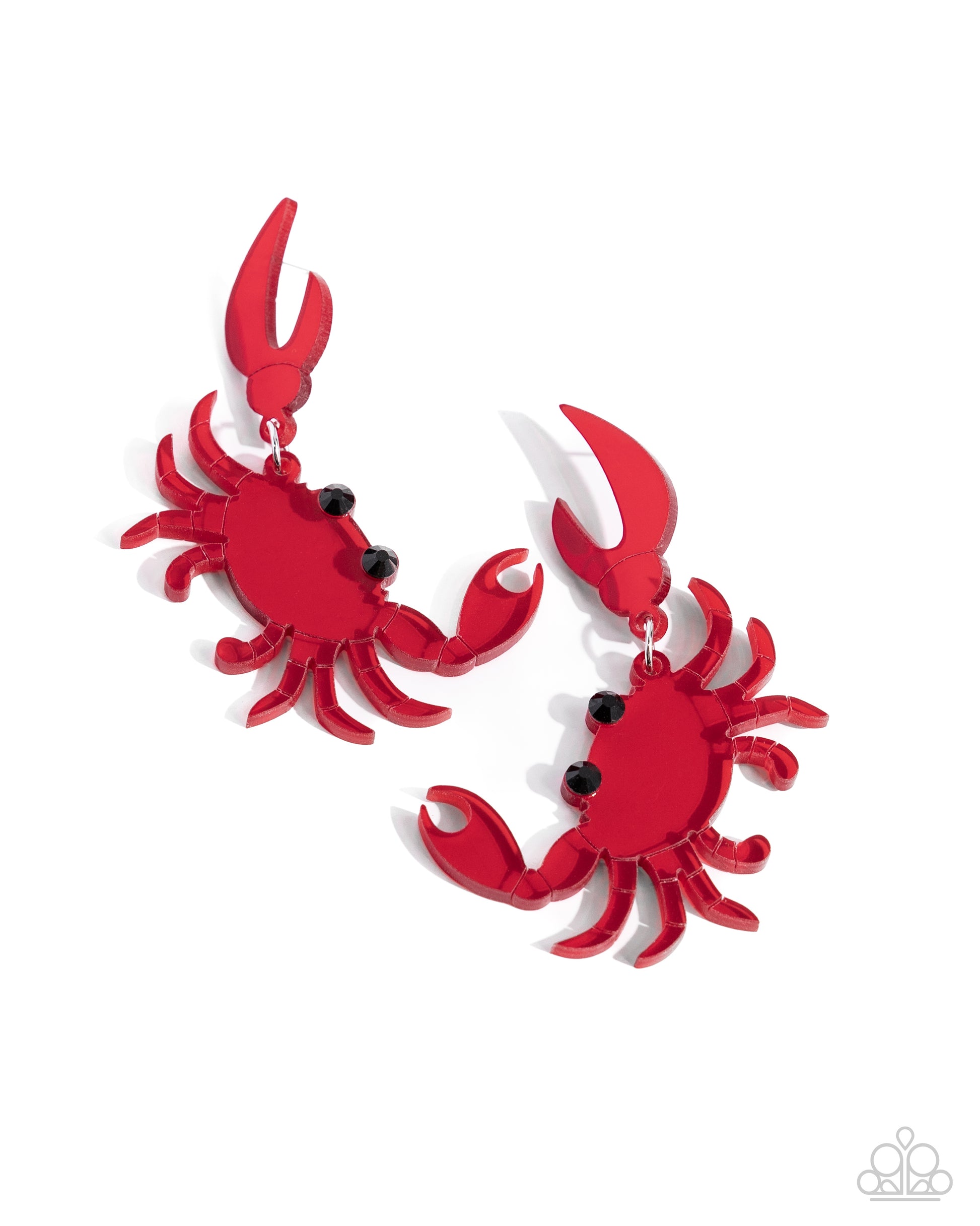 Crab Couture Red Post Earring - Paparazzi Accessories  Featuring faceted black gems, a glossy red acrylic crab cascades from its larger claw down the ear for a summery, beach-inspired look. Earring attaches to a standard post fitting.  Sold as one pair of post earrings.  SKU: P5PO-RDXX-063XX