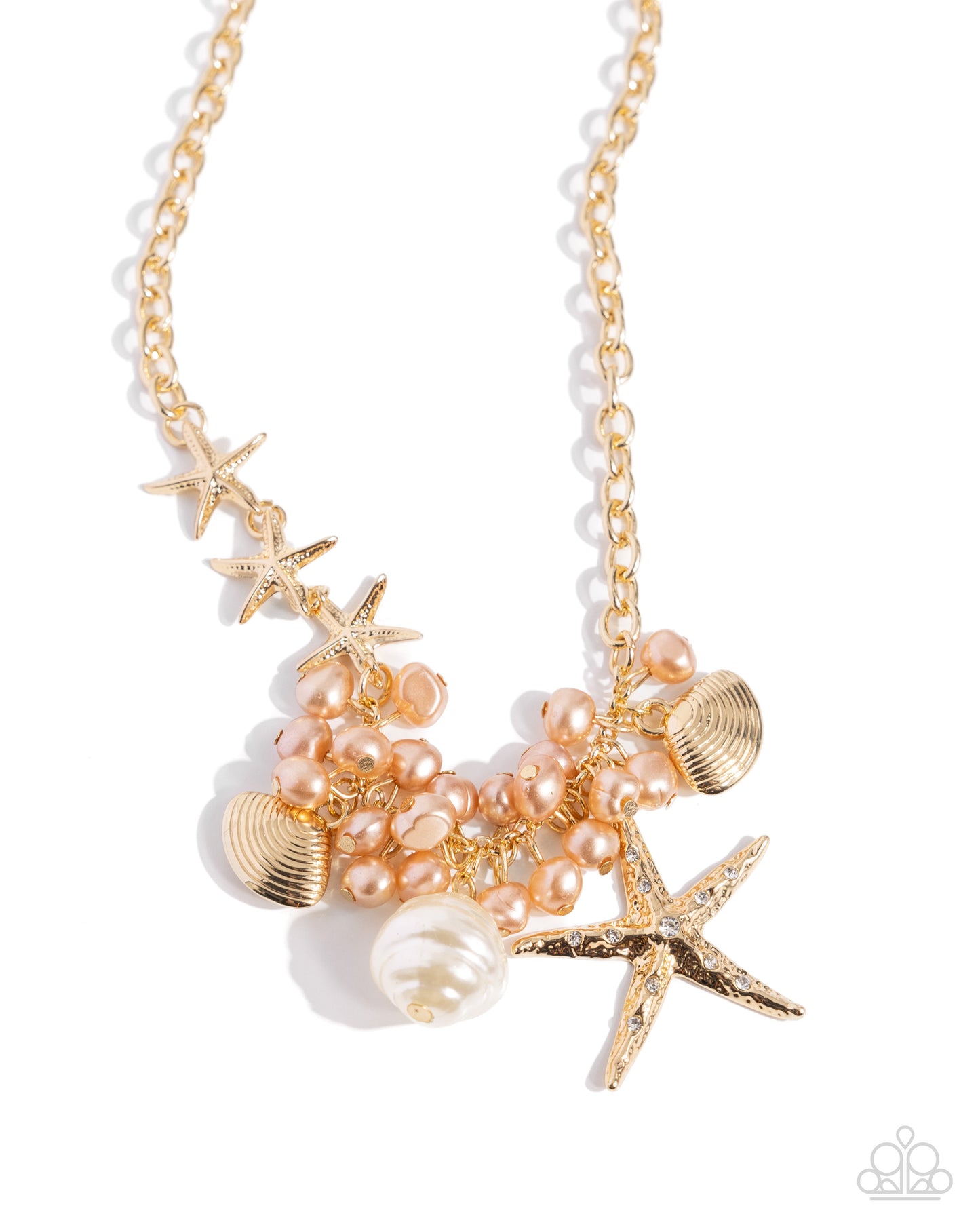 Cabo Coast Gold Necklace - Paparazzi Accessories  A sleek gold cable chain is interrupted by a trio of gold starfish charms on one side of the design that gives way to a coastal chic collection of gold seashells, a baroque white pearl, a white rhinestone-embellished oversized gold starfish, and Iced Coffee pearls. Features an adjustable clasp closure.  Sold as one individual necklace. Includes one pair of matching earrings.  P2ST-GDXX-176XX