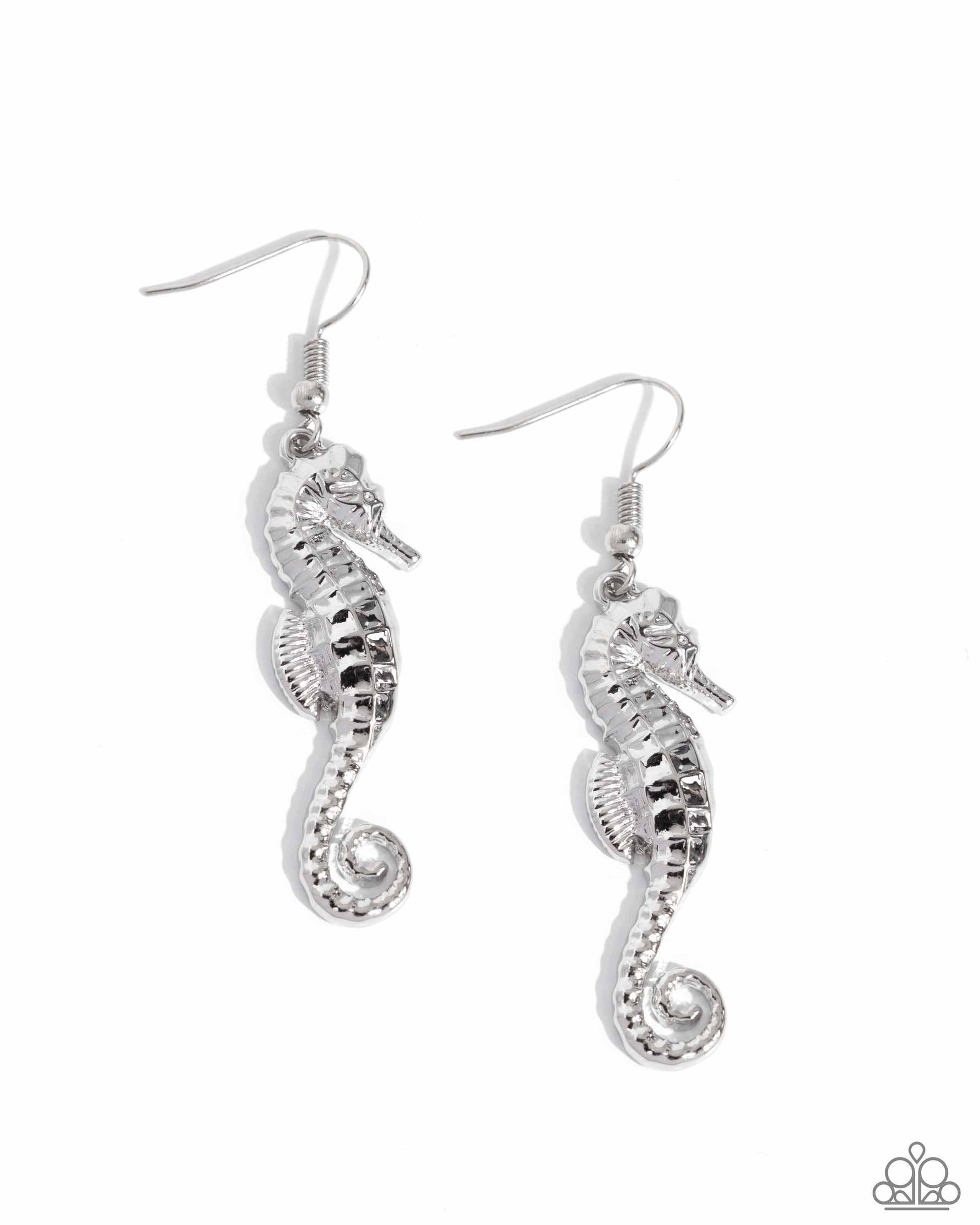 Seahorse Sheen Silver Earring - Paparazzi Accessories  A tactile detailed oversized silver seahorse cascades below the ear for a monochromatic, maritime display. Earring attaches to a standard fishhook fitting.  Sold as one pair of earrings.  P5SE-SVXX-199XR