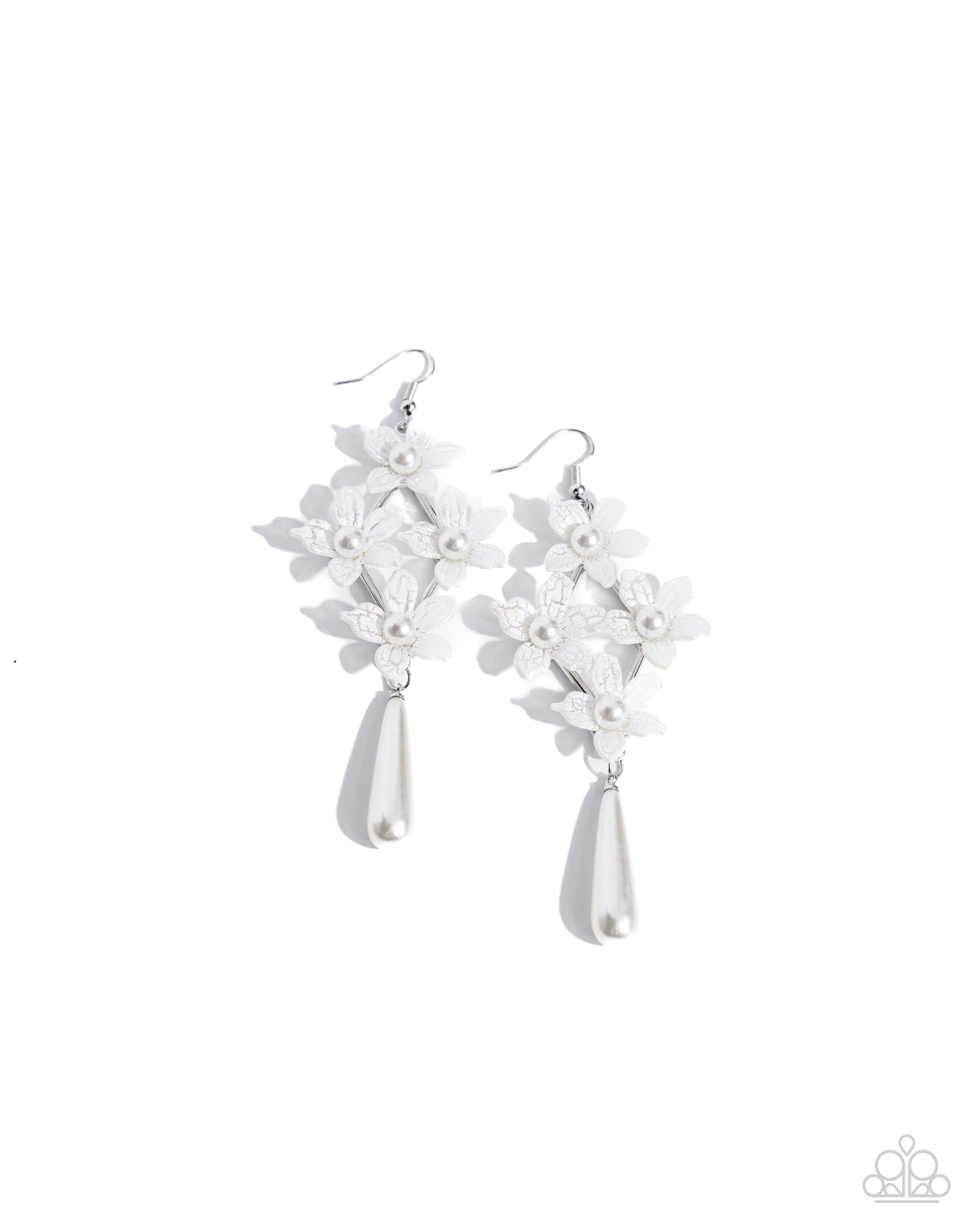 Vintage Veining White Pearl Flower Earring - Paparazzi Accessories  Featuring white pearl centers, white crackle flowers form in a diamond shape below the ear. An elongated white teardrop pearl cascades below the floral arrangement for an additional spot of color and whimsy. Earring attaches to a standard fishhook fitting.  Sold as one pair of earrings.  P5WH-WTXX-279XX