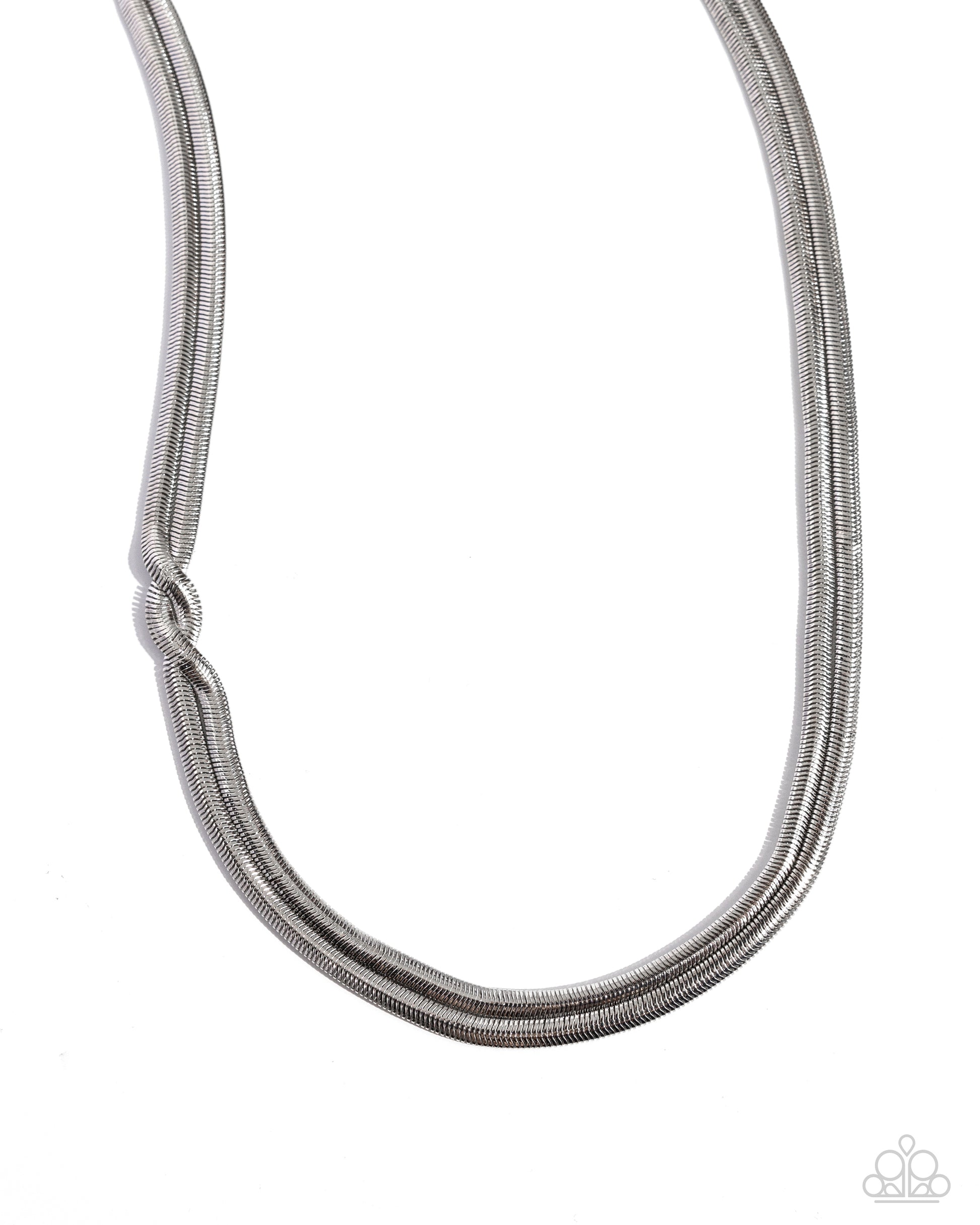 Tasteful Time Silver Snake Chain Necklace - Paparazzi Accessories  Two sleek strands of high-sheen silver snake chains layer below the neckline, slightly merging through a delicate twist for a touch of visual interest. Features an adjustable clasp closure.  Sold as one individual necklace. Includes one pair of matching earrings.  P2BA-SVXX-088XT