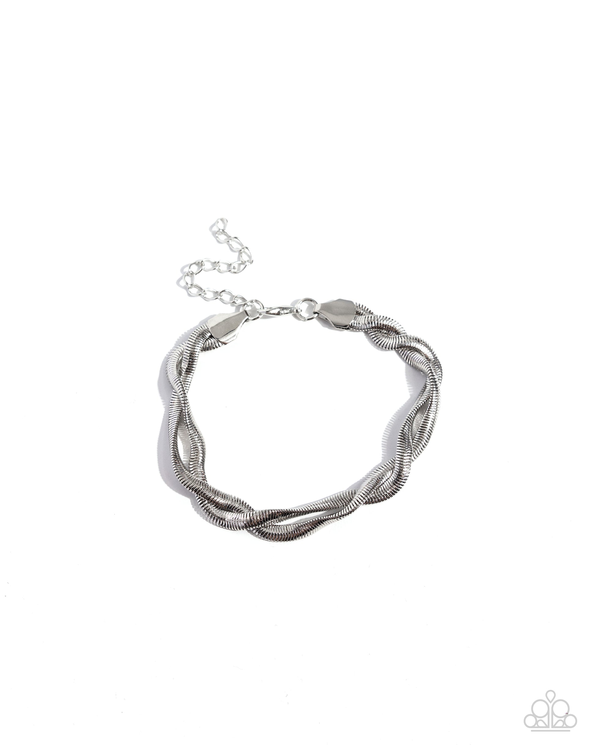 Tasteful Twists Silver Snake Chain Clasp Bracelet - Paparazzi Accessories  Two sleek strands of high-sheen silver snake chains layer and twist around the wrist, creating a delicate display of visual interest. Features an adjustable clasp closure.  Sold as one individual bracelet.  P9BA-SVXX-220XT