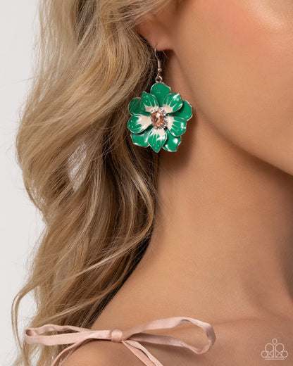 Tropical Treasure Green Flower Earring - Paparazzi Accessories  Featuring a border of white rhinestones, an emerald-cut light peach gem glimmers from the center of a Mint and white-patterned tropical flower. A larger Mint flower blooms and frames the shimmery flower for a three-dimensional finish. Earring attaches to a standard fishhook fitting.  Sold as one pair of earrings.  SKU: P5RE-GRXX-186XX