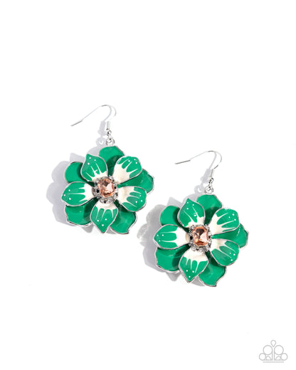 Tropical Treasure Green Flower Earring - Paparazzi Accessories  Featuring a border of white rhinestones, an emerald-cut light peach gem glimmers from the center of a Mint and white-patterned tropical flower. A larger Mint flower blooms and frames the shimmery flower for a three-dimensional finish. Earring attaches to a standard fishhook fitting.  Sold as one pair of earrings.  SKU: P5RE-GRXX-186XX