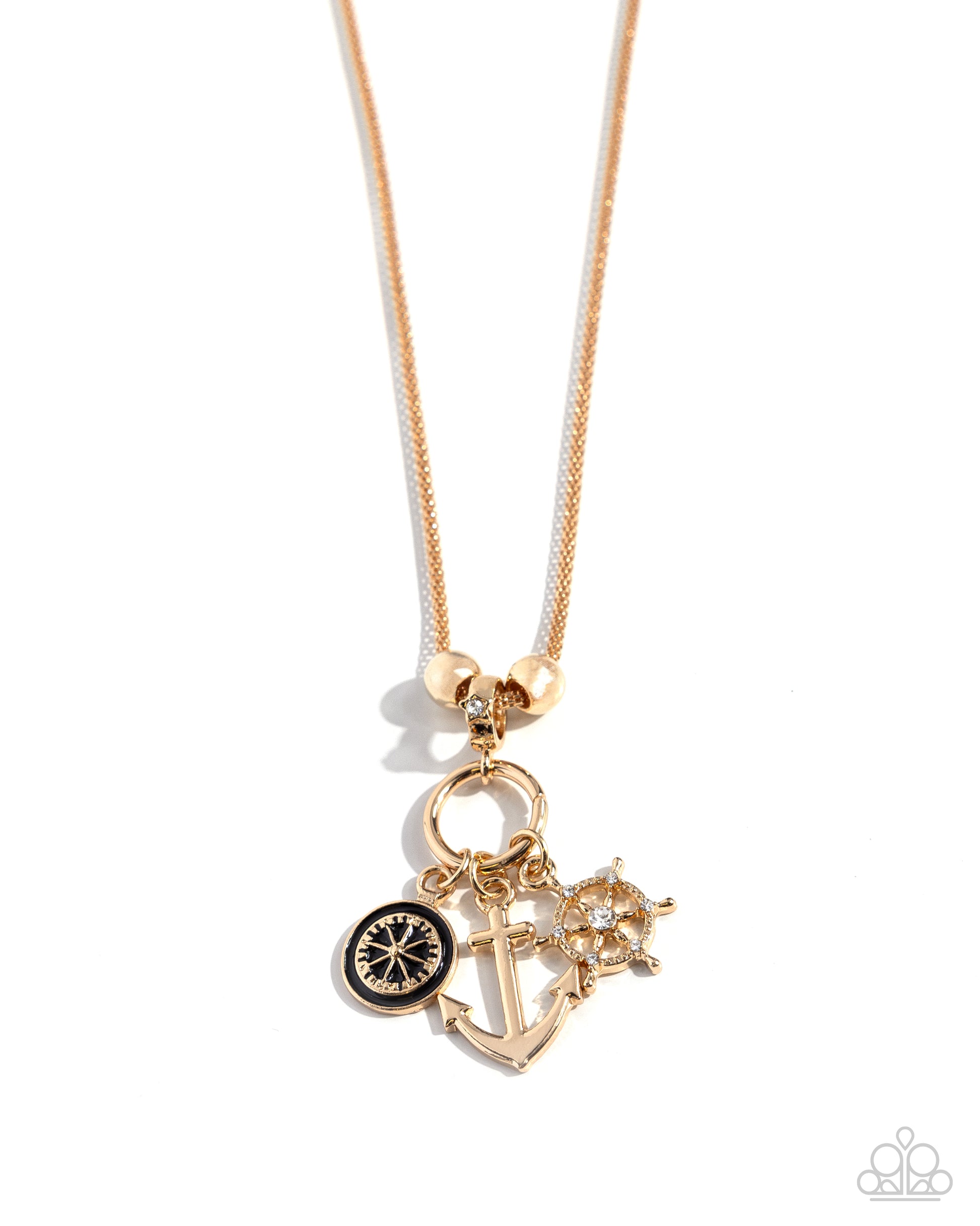 Nuanced Nautical Gold Necklace - Paparazzi Accessories  Dancing along an elongated gold mesh chain, a duo of gold beads frames a gold ring that gives way to a collection of nautical-inspired charms including a gold anchor, a gold-shattered wheel embellished with white rhinestones, and a black-painted compass. Features an adjustable clasp closure.  Sold as one individual necklace. Includes one pair of matching earrings.  P2SE-GDXX-134XX