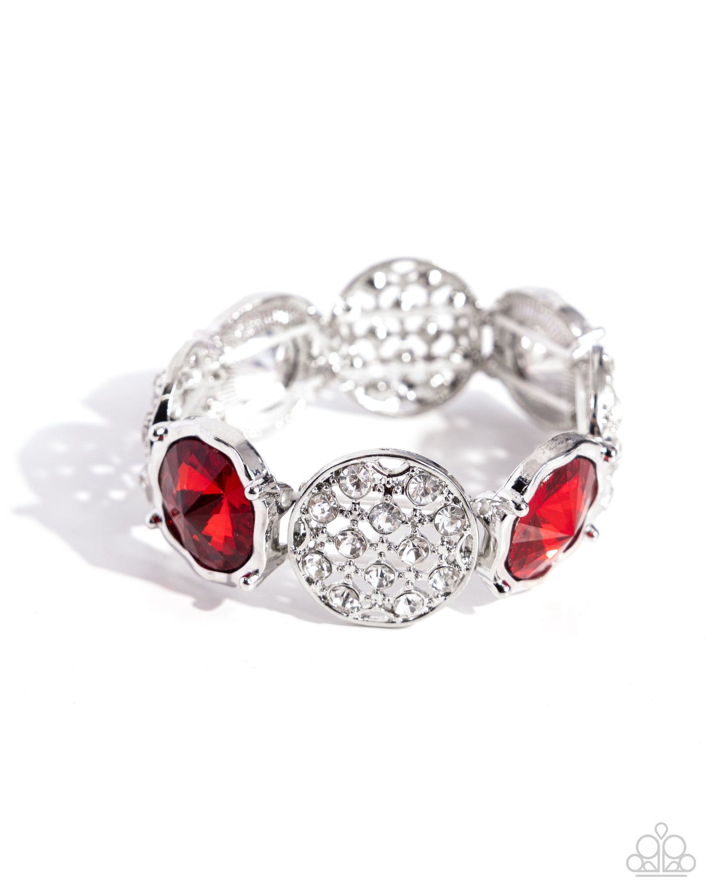 Refined Refresh Red Stretch Bracelet - Paparazzi Accessories  Pressed in warped, hammered silver frames, red gems that come to a faceted point alternate with an explosion of white gem-embellished airy silver discs along elastic stretchy bands on the wrist for a refined, ritzy display.  Sold as one individual bracelet.  P9RE-RDXX-162XX