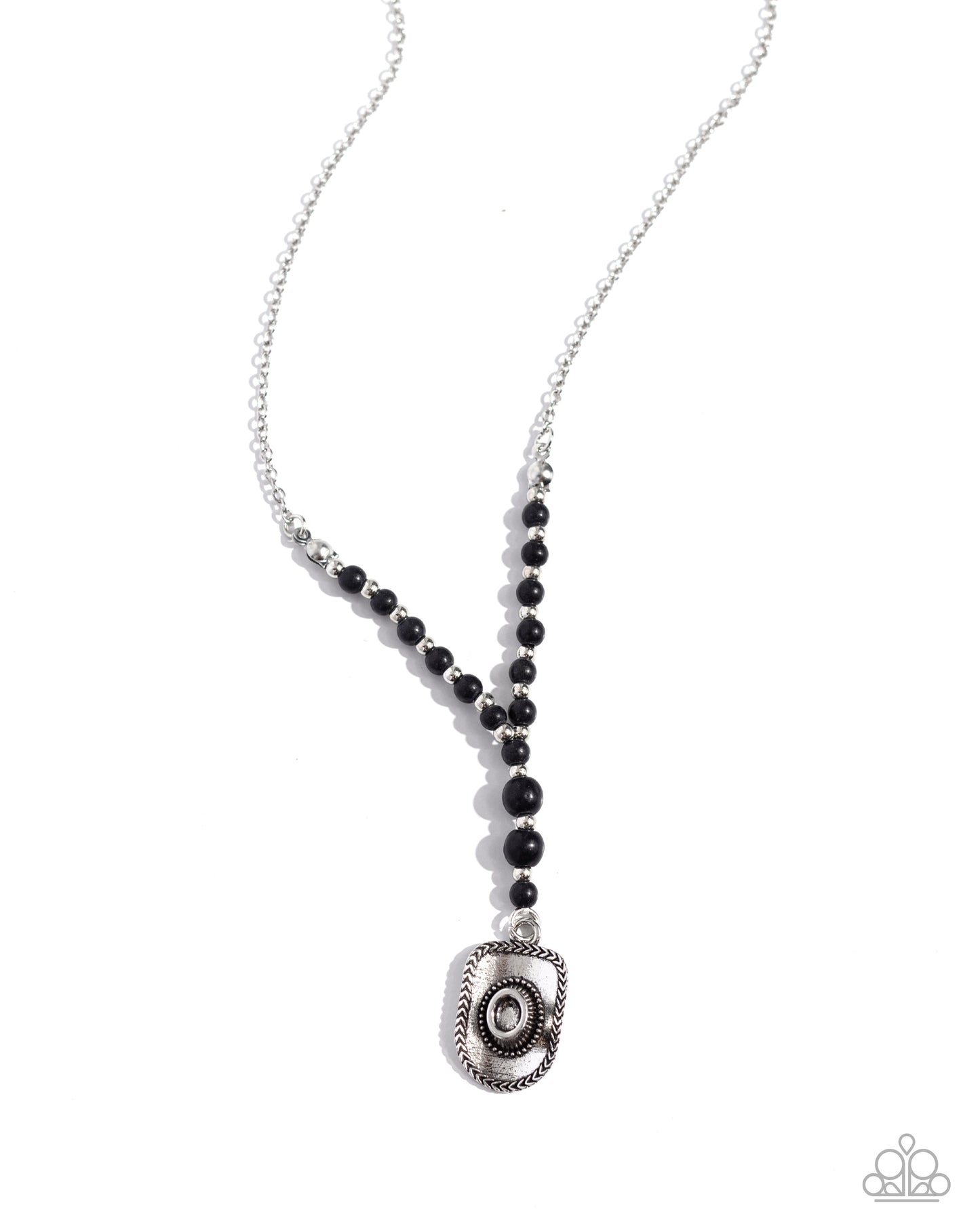 Southern Sheen Black Cowboy Hat Necklace - Paparazzi Accessories Earthy black stones alternate with glossy silver beads along an elongated silver chain below the collar. Featuring a rope-like textured border, a silver cowboy hat pendant swings from the center of the earthy display for a statement-making finish. Features an adjustable clasp closure. As the stone elements in this piece are natural, some color variation is normal. Includes one pair of matching earrings. P2SE-BKXX-358XX