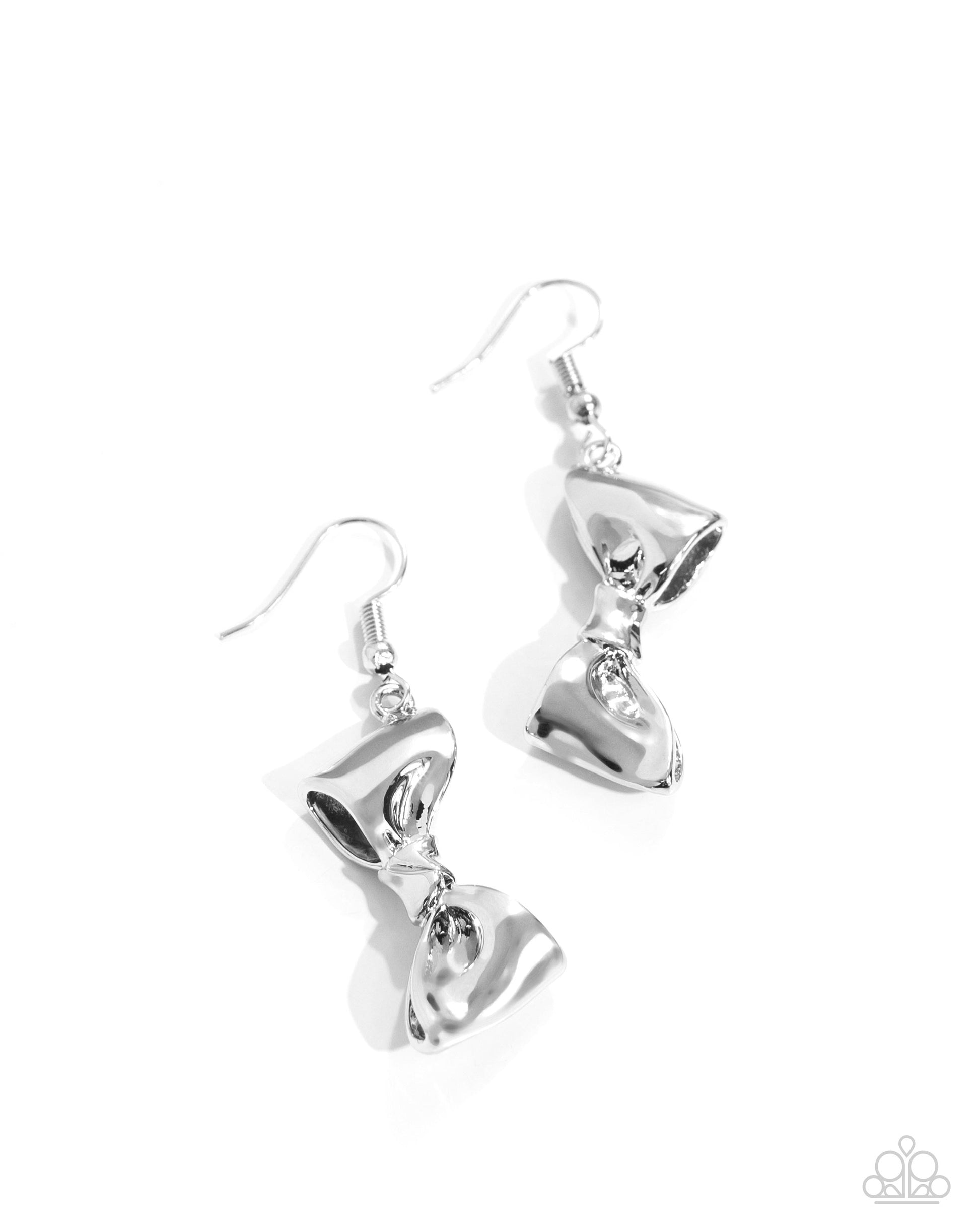 Dapper Dalliance Silver Bow Earring - Paparazzi Accessories  Featuring a highly reflective sheen, silver bows swing below the ear for a dazzling, dapper display. Earring attaches to a standard fishhook fitting.  Sold as one pair of earrings.  P5BA-SVXX-169YH