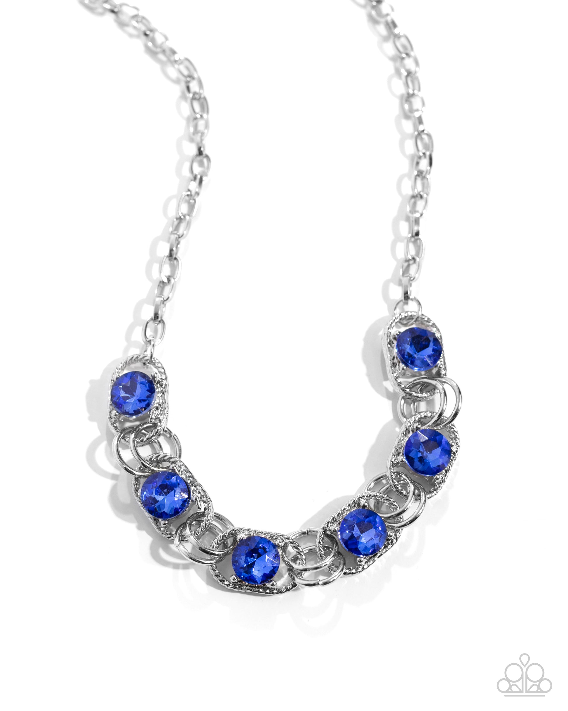 Serrated Sensation Blue Rhinestone Necklace - Paparazzi Accessories  Set in the center of serrated silver links, a collection of faceted Capri Blue gems link below the neckline by duos of silver rings along a silver cable chain for a shimmery sensational statement. Features an adjustable clasp closure.  Sold as one individual necklace. Includes one pair of matching earrings.  P2RE-BLXX-443YF