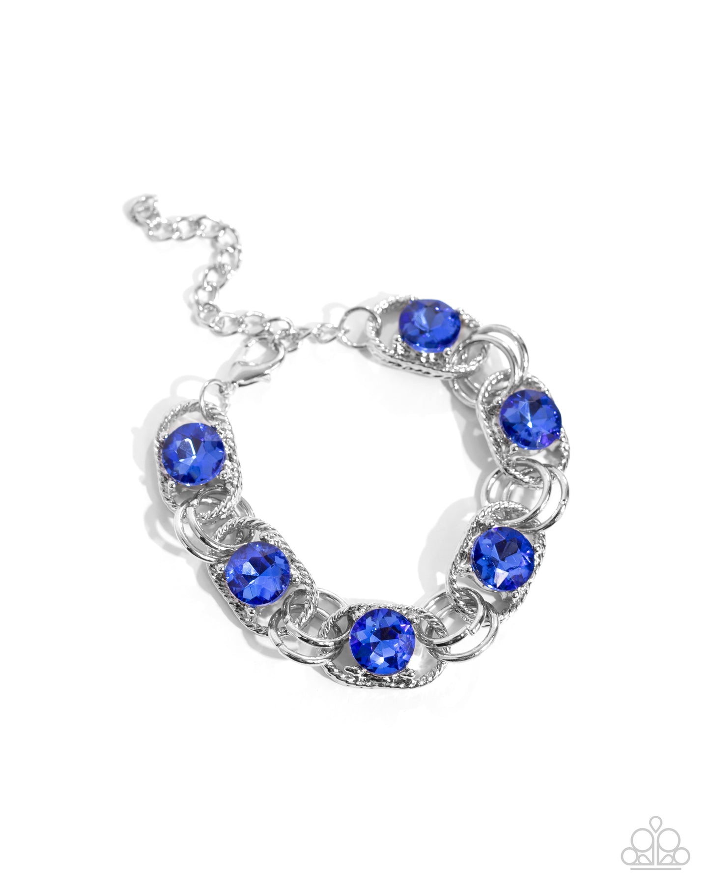 Serrated Secret Blue Rhinestone Clasp Bracelet - Paparazzi Accessories  Set in the center of serrated silver links, a collection of faceted Capri Blue gems link around the wrist by duos of silver rings for a shimmery sensational statement. Features an adjustable clasp closure.  Sold as one individual bracelet.  P9RE-BLXX-256YF