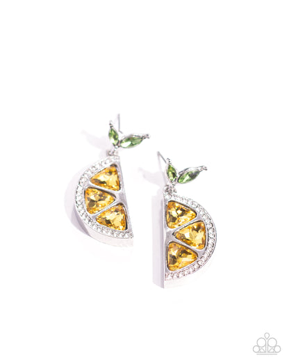 Lady Lemon Yellow Earring - Paparazzi Accessories  A duo of green marquise-cut gems in varying sizes give way to a lemon-like pendant formed from a trio of yellow triangular-cut gems. A row of glistening white rhinestones also forms along the rind of the lemon for a touch of sparkle. Earring attaches to a standard post fitting.  Sold as one pair of post earrings.  P5PO-YWXX-045XX