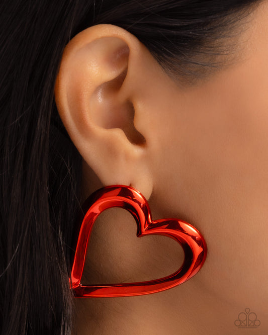 Admirable Acclaim Red Heart Post Earring - Paparazzi Accessories  Dipped in a reflective red hue, a metallic frame delicately curls into an abstract heart for a flirtatious finish. Earring attaches to a standard post fitting.  Sold as one pair of post earrings.  P5PO-RDXX-065XX