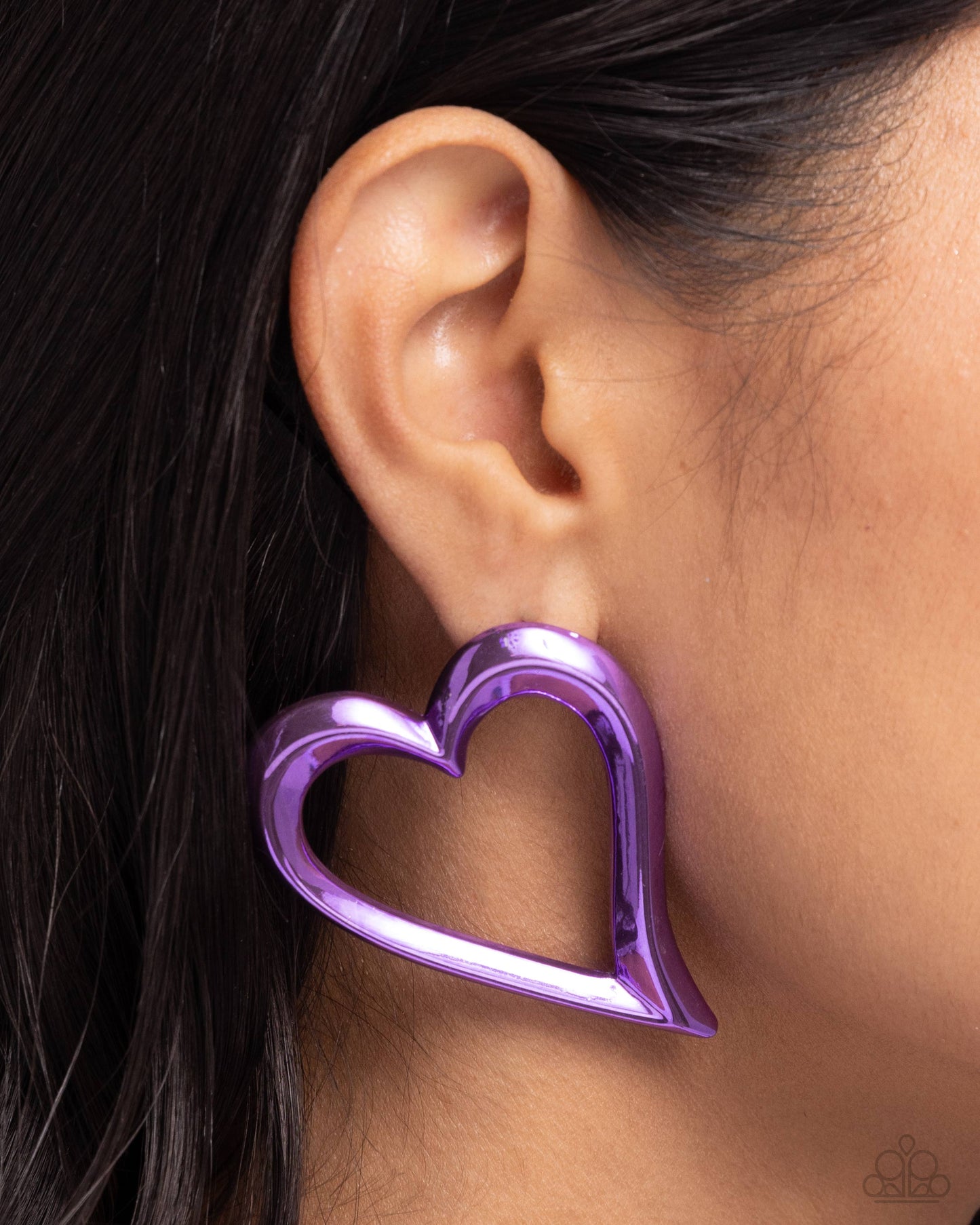 Admirable Acclaim Purple Heart Post Earring - Paparazzi Accessories  Dipped in a reflective purple hue, a metallic frame delicately curls into an abstract heart for a flirtatious finish. Earring attaches to a standard post fitting.  Sold as one pair of post earrings.  P5PO-PRXX-035XX